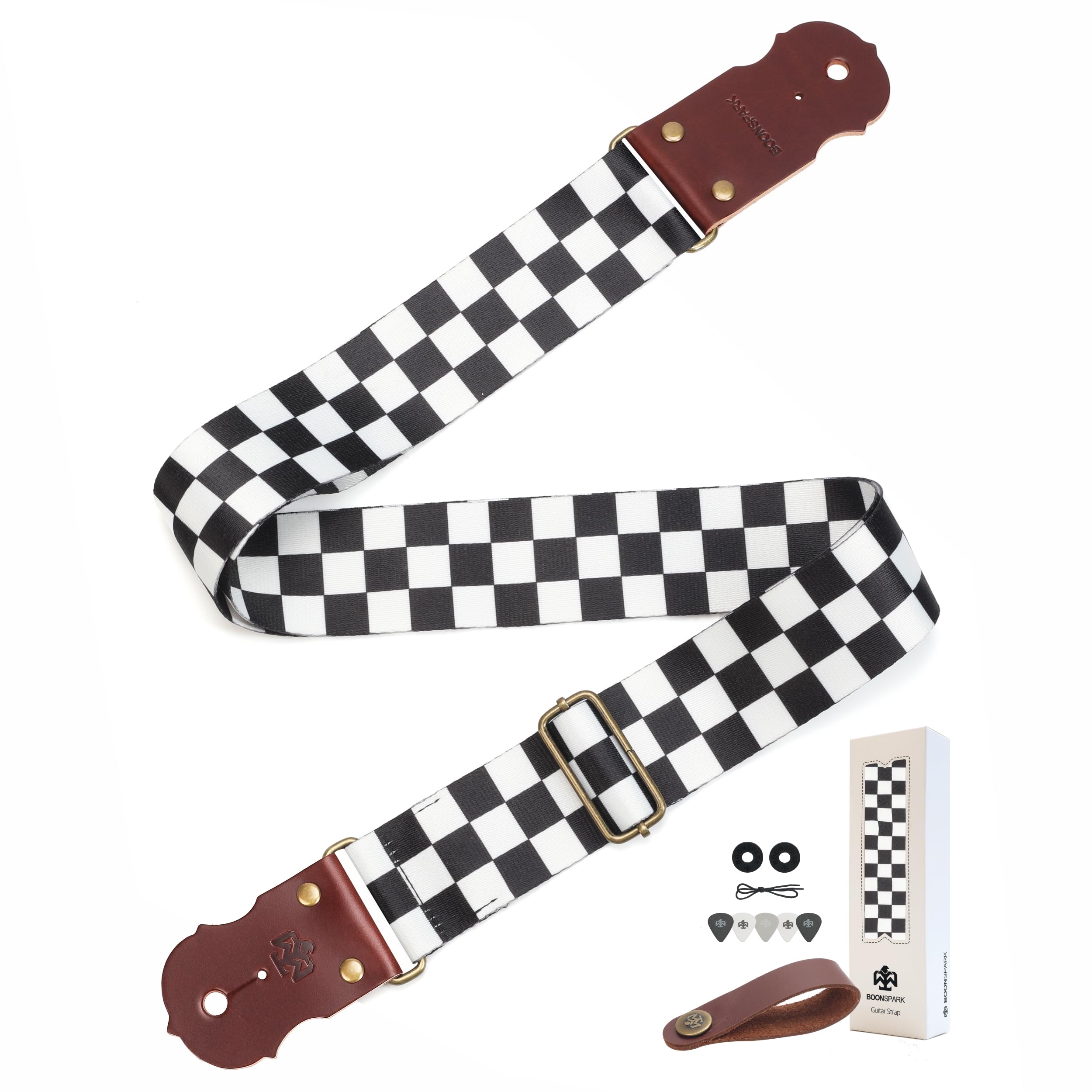 Guitar Strap, Jacquard Embroidery Guitar Straps with Top Real Cowhide Ends Guitar Straps for Electric,Bass and Acoustic Guitars(Black &amp; White Check)