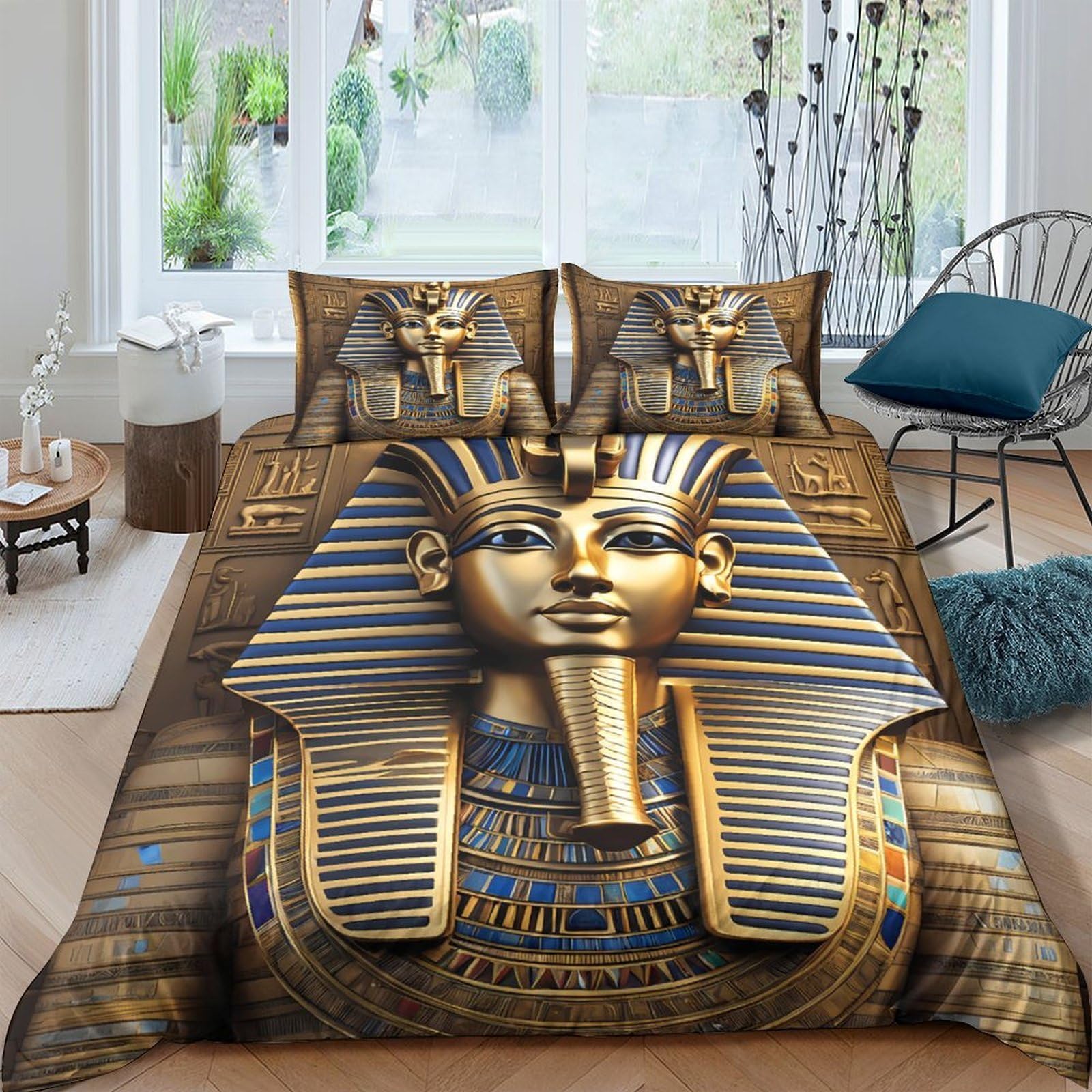 Ctjqhvkz Style-2 3D Printed Pharaoh Mask Fitted Sheet Microfiber Soft Gold Egyptian Bed Cover For Bedroom Guest Room Decor Mattress Protection Single（135X200cm）