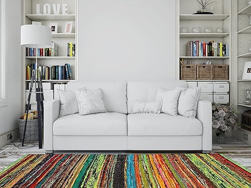 Miniatura 8 de India Artistic Alfombra reversible Chindi multicolor Alfombra de algodón tejida a mano, 4 x 6 pies, reciclada para sala de estar y cocina