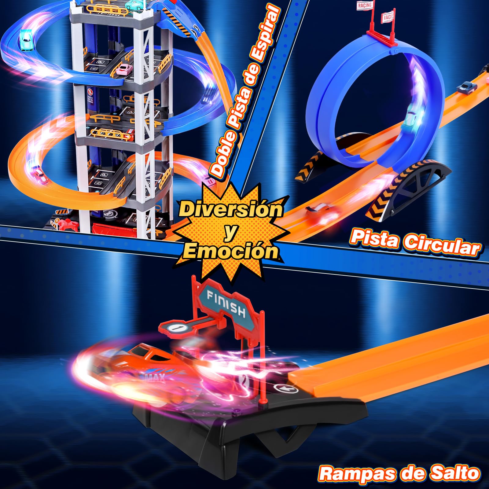 Charmofun 5 Plantas Garaje Coches Juguete, Parking Coches Juguete Gran Parking Infantil con 8 Autos, Ascensor, Rampa Doble, Luz Y Sonido, Pista Coche Niños 3 4 5 6 7 8 Años