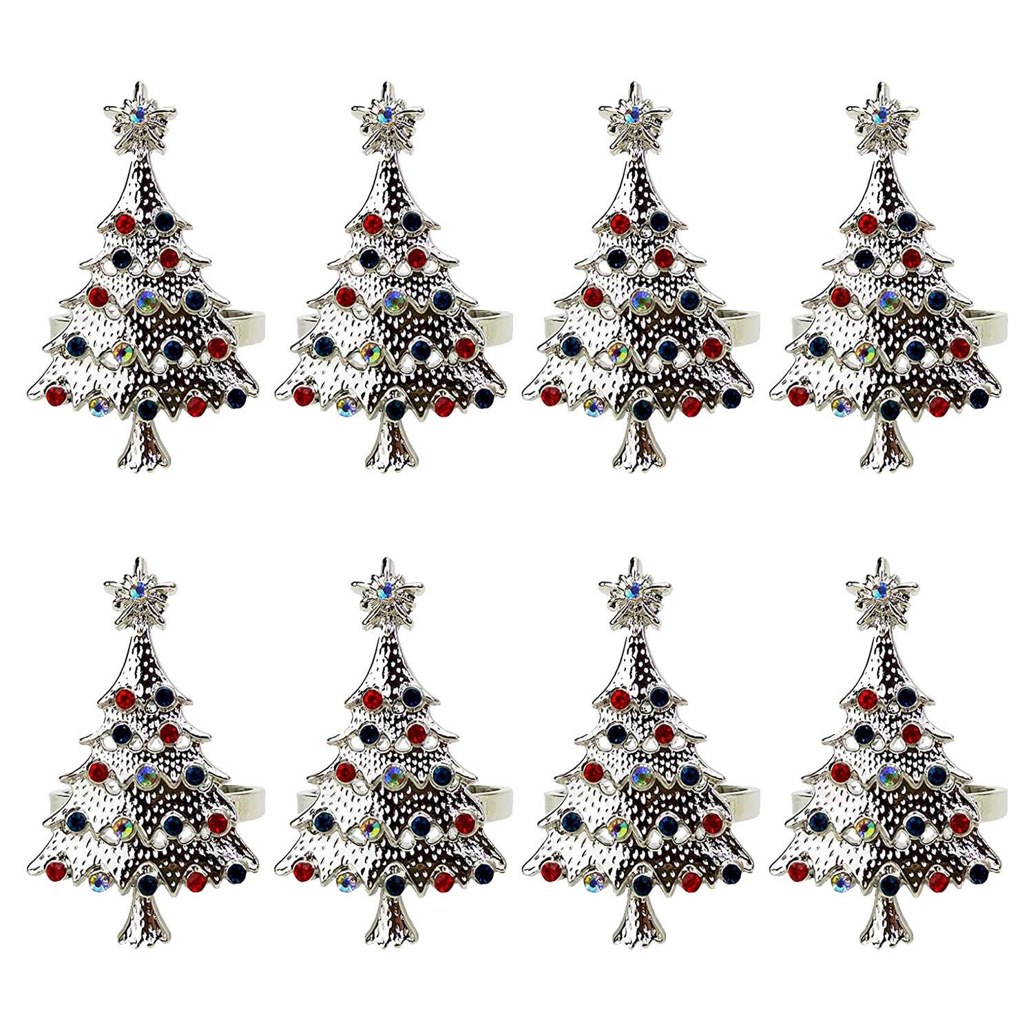 CTRLZS Christmas Tree Napkin Rings Set of 8,for Wedding, Thanksgiving Day, Family Gatherings, Birthday Party (Silver)