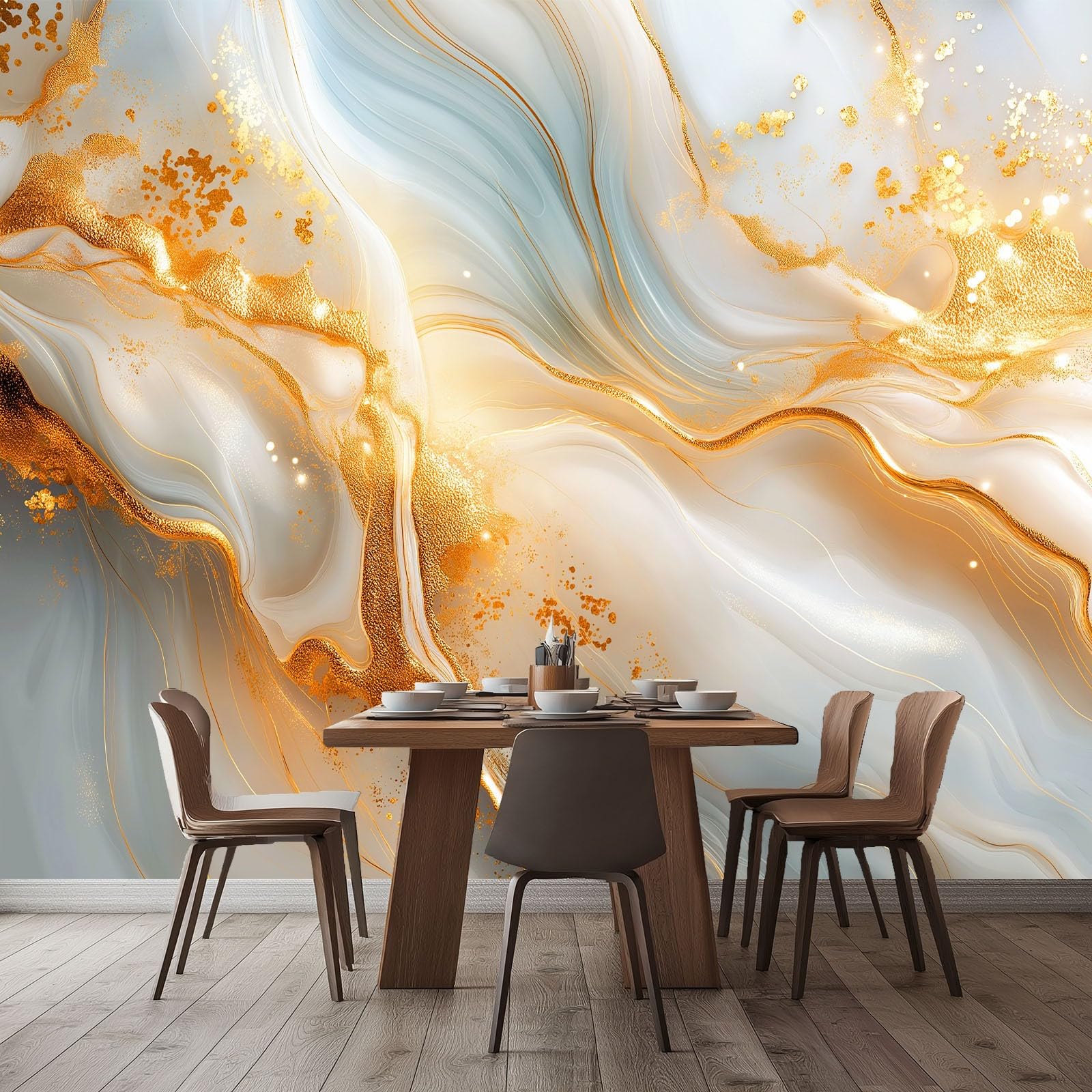 Générique Panoramiczna tapeta Minimalistyczny marmur 3D złote linie obramowania 200 x 140 cm, nowoczesna włóknina XXL Dekoracja ścienna Salon Sypialnia Biuro Pokój dziecięcy, wielokolorowa
