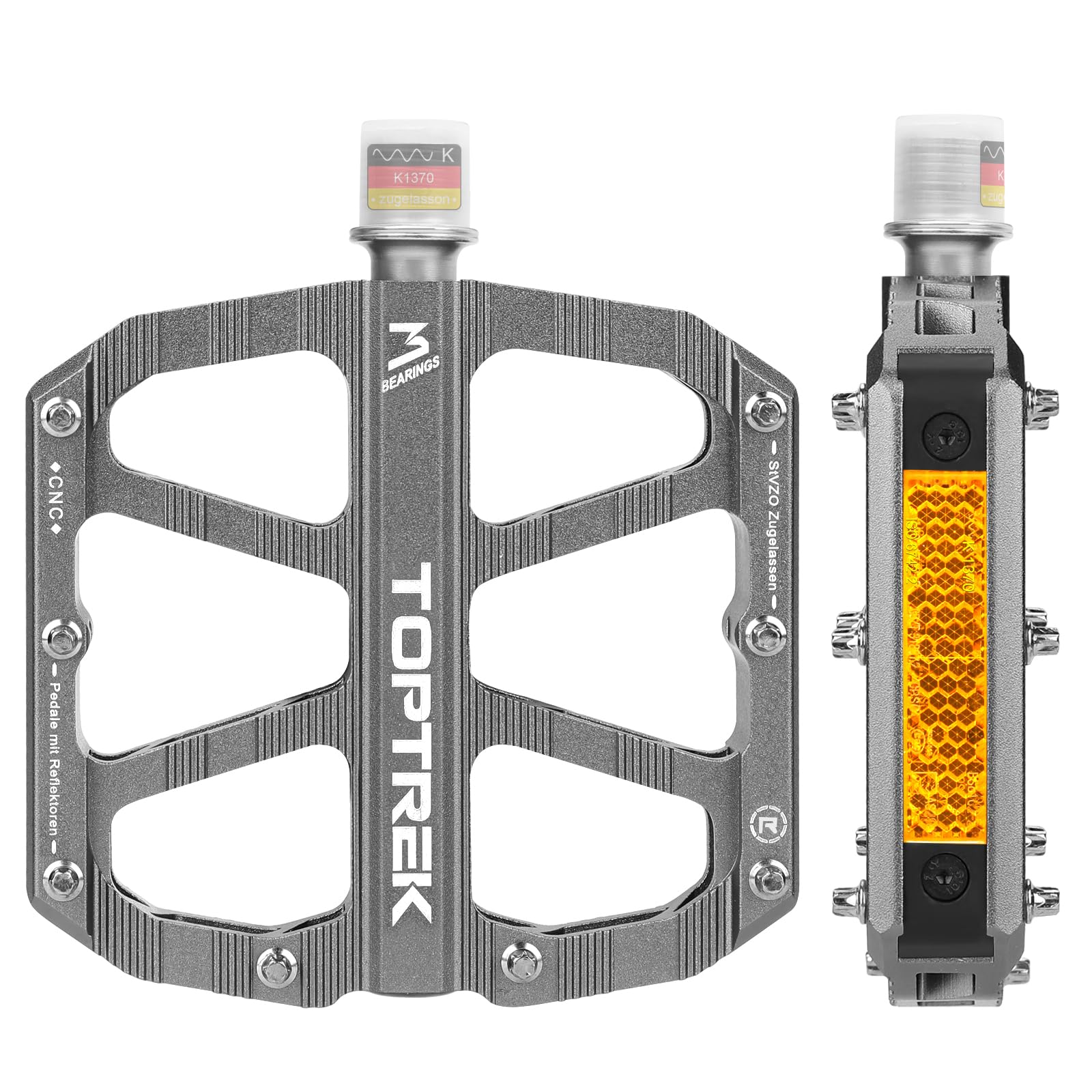 toptrek Fahrradpedale mit StVZO Zugelassen Reflektoren, CNC Aluminium Pedale Fahrrad MTB Pedale rutschfest mit 3 Abgedichtete Lager für Mountainbike, BMX, E-Bike, Rennrad