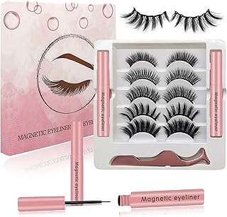 Magnetic Eyelashes with 2 Eyeliner, 5 Pairs Reusable 3D False Eyelashes, Waterproof Magnetic Liquid Eyeliner, Natural Look Magnetic Lashes Kit with Tweezers ,No Glue Needed