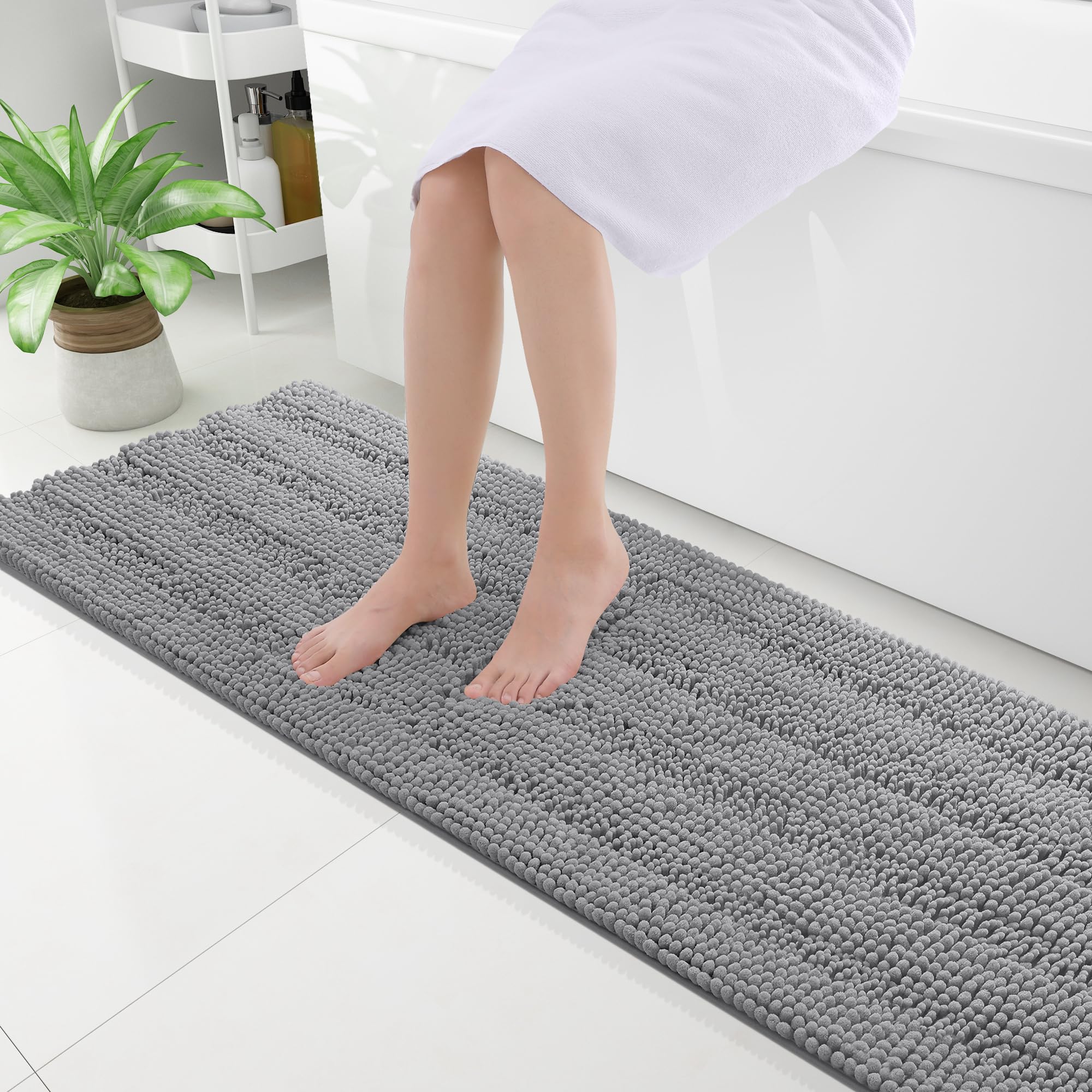 Grandaily Chenille Striped Bathroom Rugs 59x20, Extra Thick and Absorbent Bath Mats, Non-Slip Soft Plush Shaggy Shower Carpet, Machine Wash Dry, Bath
