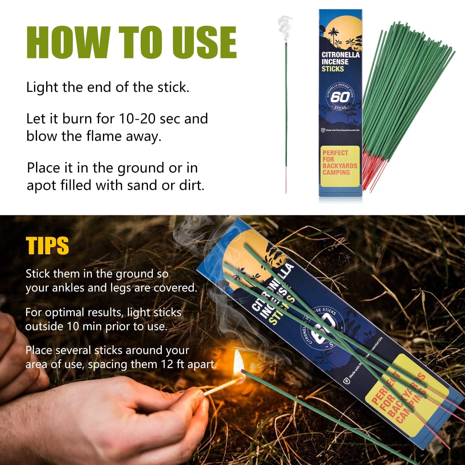 Bâtons d'Encens Citronnelle 60 pièces Boîte Extérieur Camping
