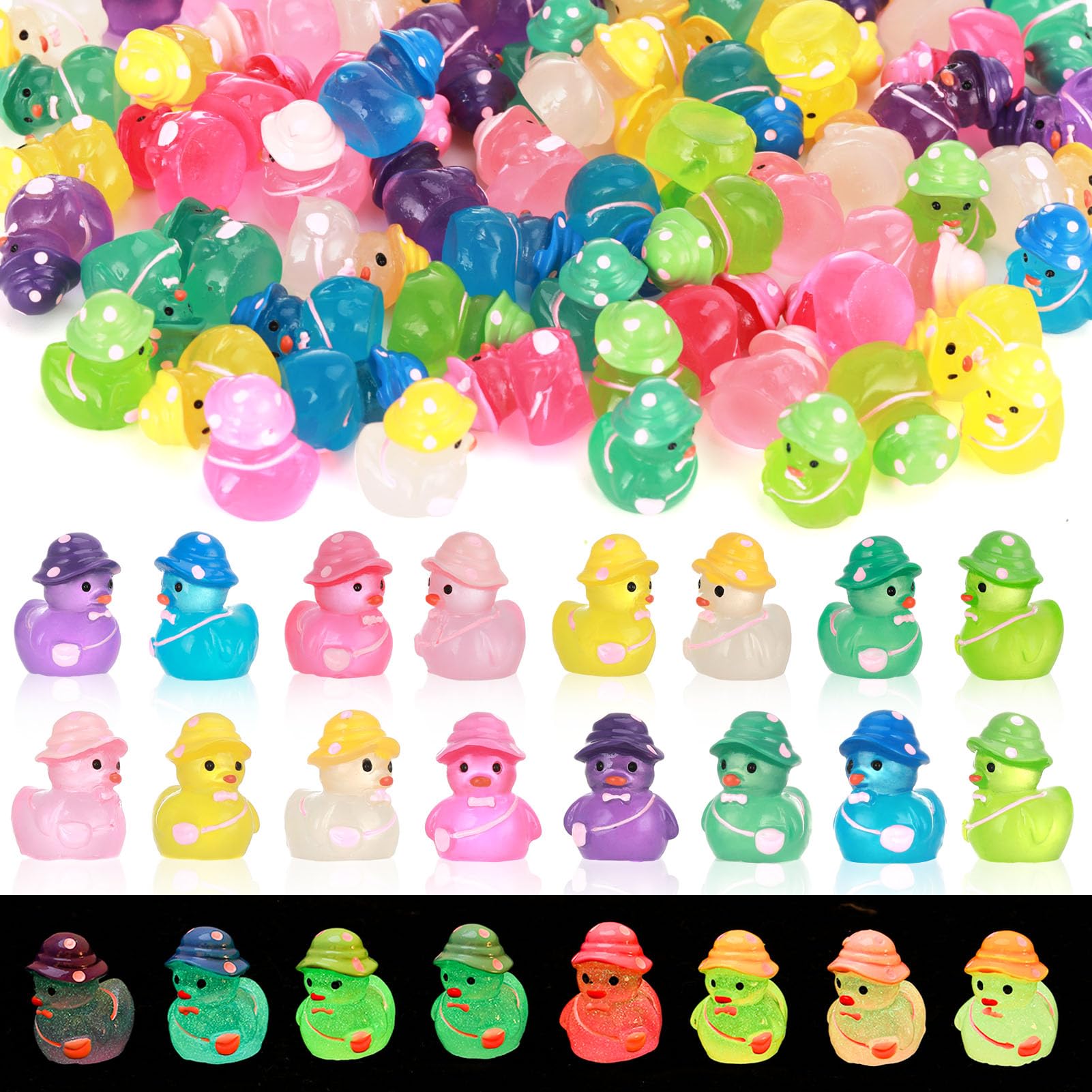 GGSTDDUP 80 Pack Luminous Mini Resin Ducks, Miniature Ducks Figures Wearing Hat, Mini Ducks, Tiny Ducks, Glow in The Dark DIY Crafts Cake Decor for Micro Landscape Dollhouse Garden (8 Colors)