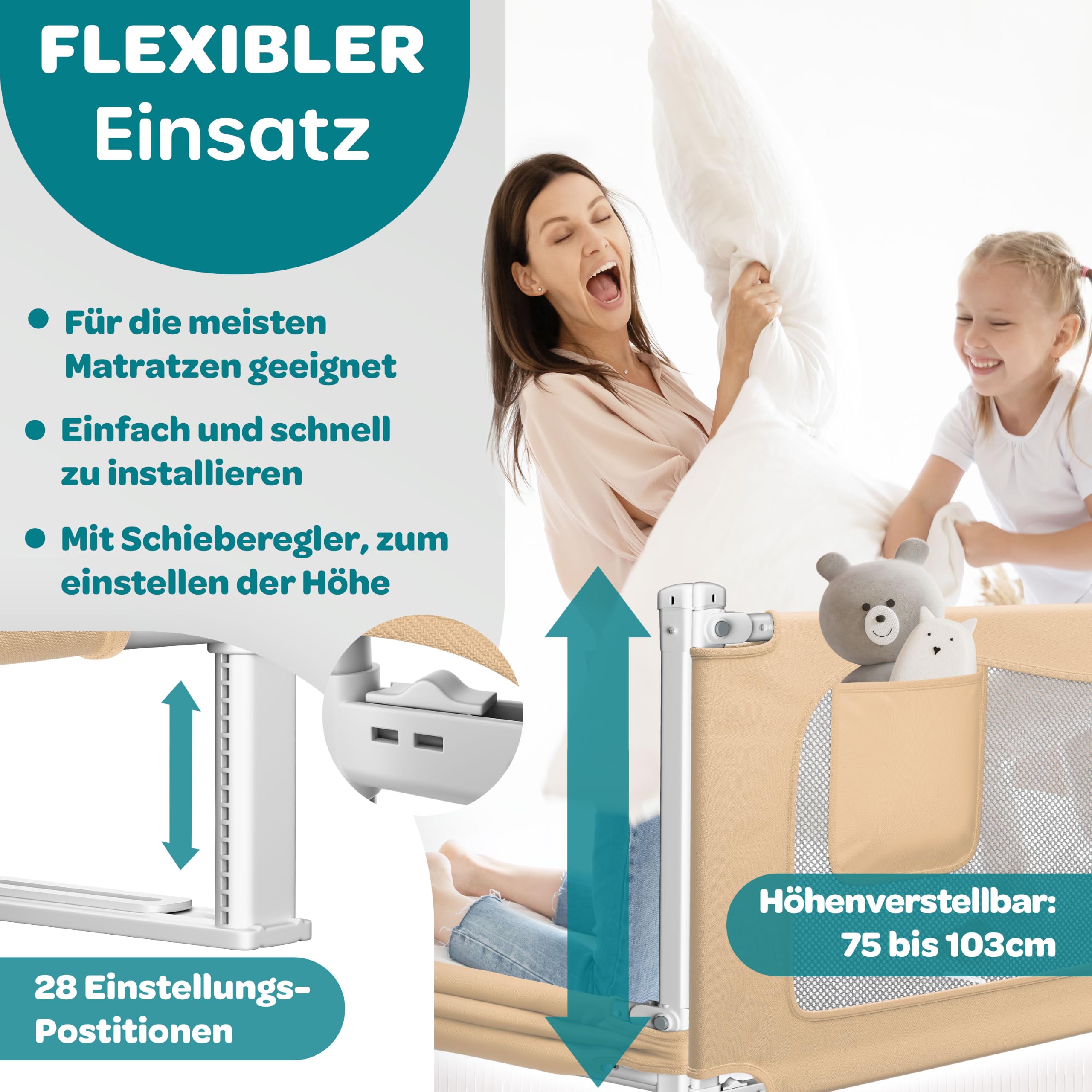 KESSER® Bettschutzgitter 180 cm, Bettgitter Kinderbett höhenverstellbar | Rausfallschutz Bett für Baby & Kleinkind mit Kindersicherung, vertikal absenkbar, leicht montierbar, waschbar, Beige