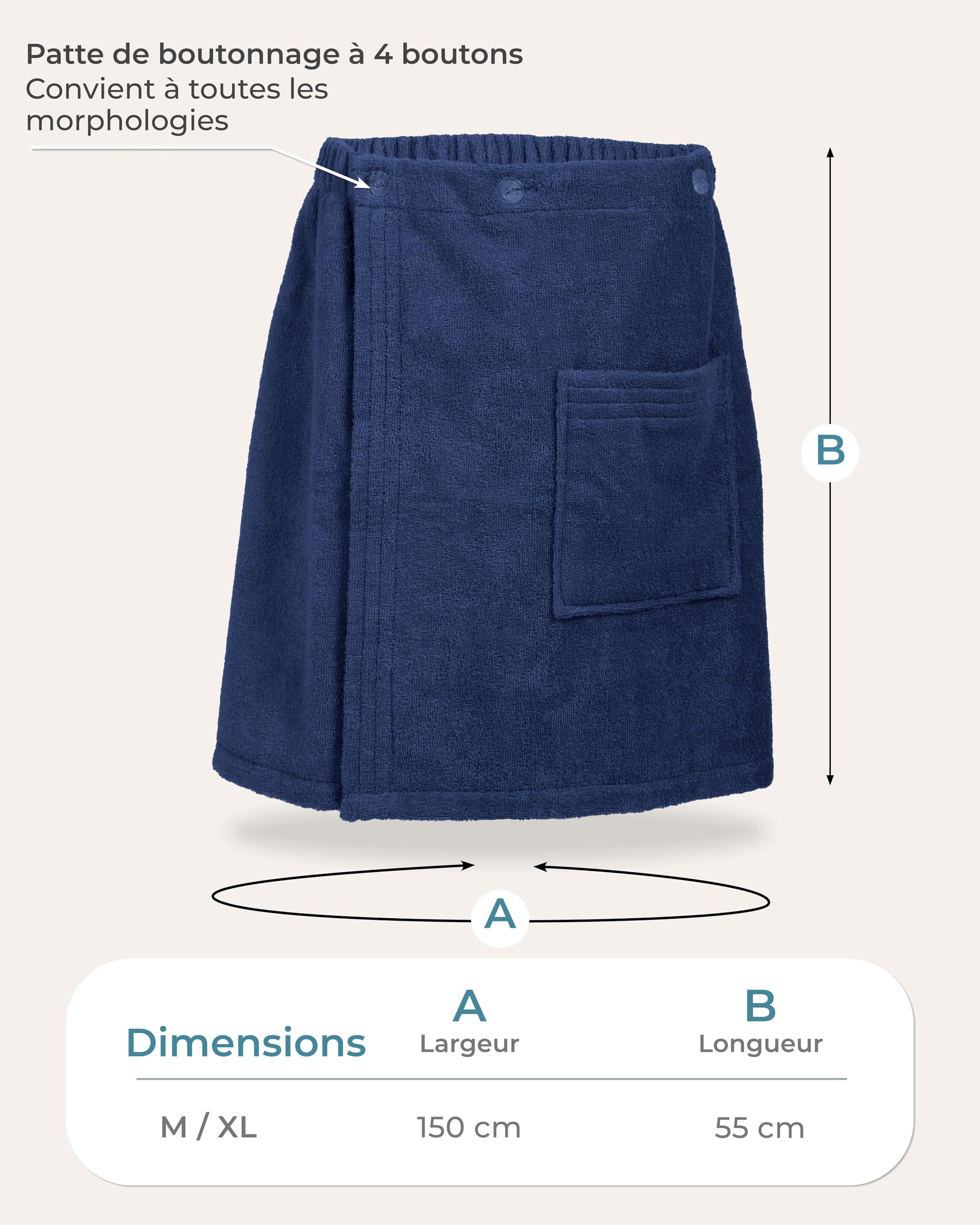 LAYNENBURG Paréo de sauna pour homme avec fermeture à boutons – 100 % coton – Certifié Oeko-Tex 100 – Serviette de sauna pour homme – Serviette de sauna en tissu éponge – Kilt élastique pour bien-être
