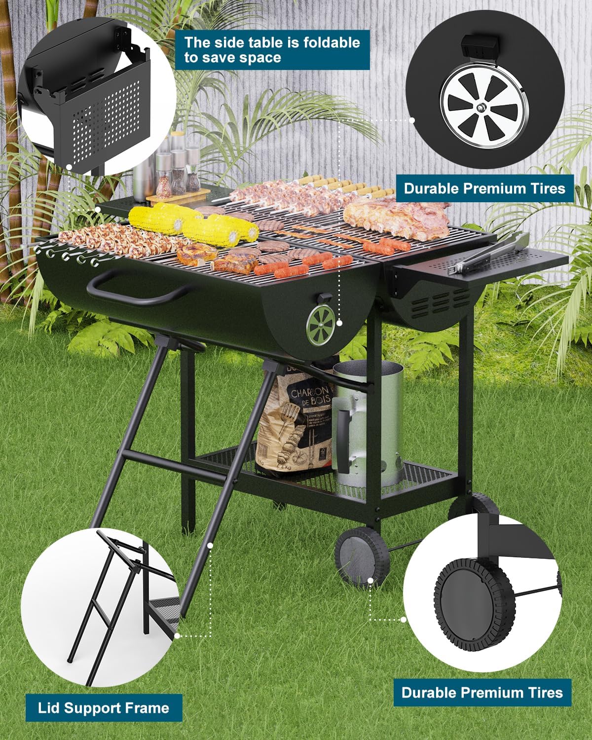 Barbecue a carbonella – 918 pollici quadrati spazio di cottura, barbecue all'aperto con tavolini pieghevoli per patio, picnic e campeggio