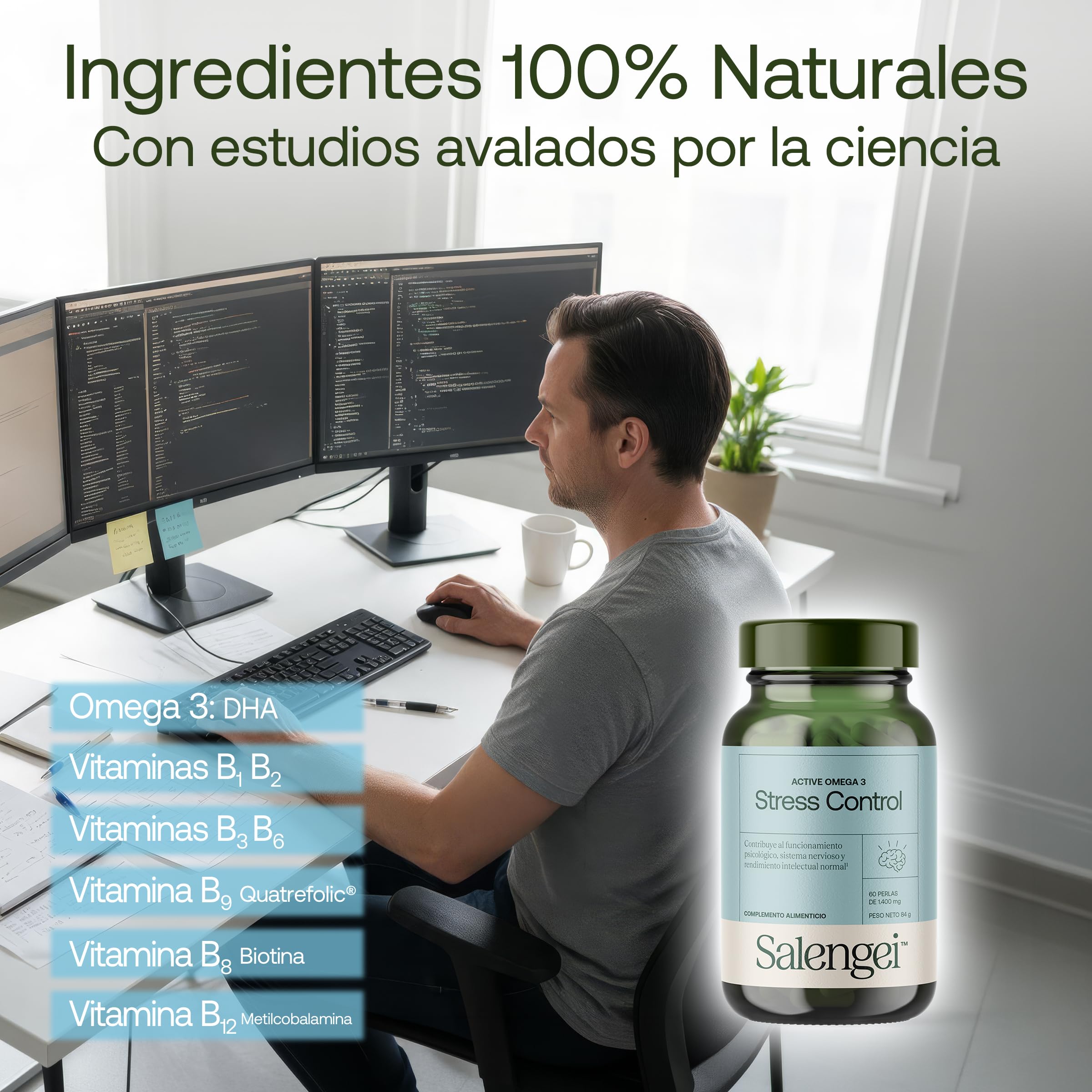 ACTIVE STRESS CONTROL – Apoyo natural frente al estrés y la fatiga emocional | Con Ashwagandha, Rhodiola, Omega-3, magnesio y vitaminas B | 60 perlas