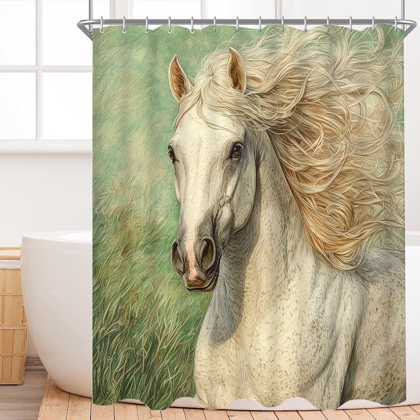 Rideau de Douche cheval blanc 180 x 240 cm Polyester Anti Moisissure Lavable Imperméable Tissu Rideaux de Douche avec 12 Crochets Baignoire pour Salle de Bain Domicile Cabine de Douches, Hôtel n-19