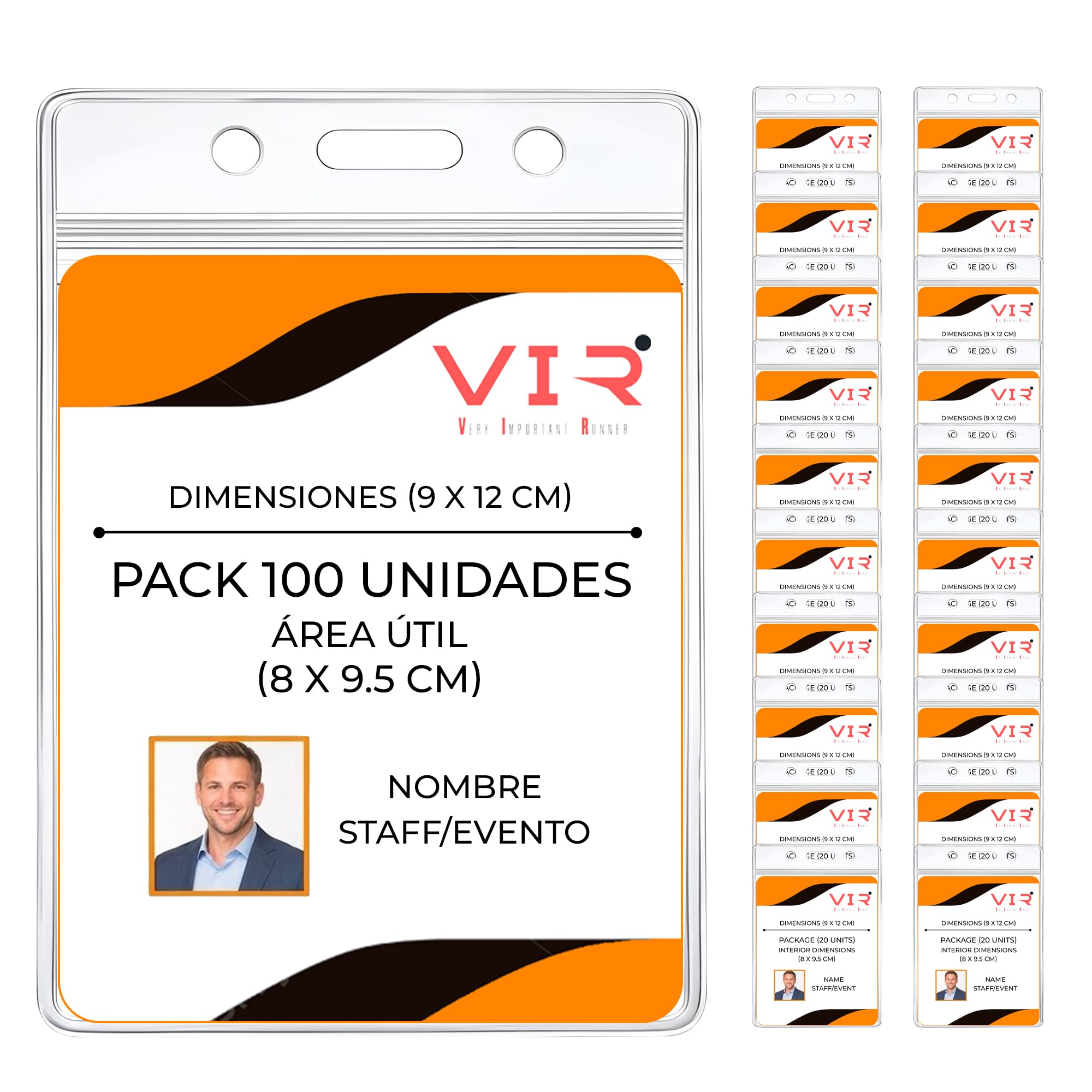 100 Fundas Porta Tarjetas Identificativas Transparentes - Plástico PVC Impermeable con Sellado Térmico y Apertura Superior - Porta Acreditaciones y Credenciales - Formato Grande (Vertical, 9 x 12cm)