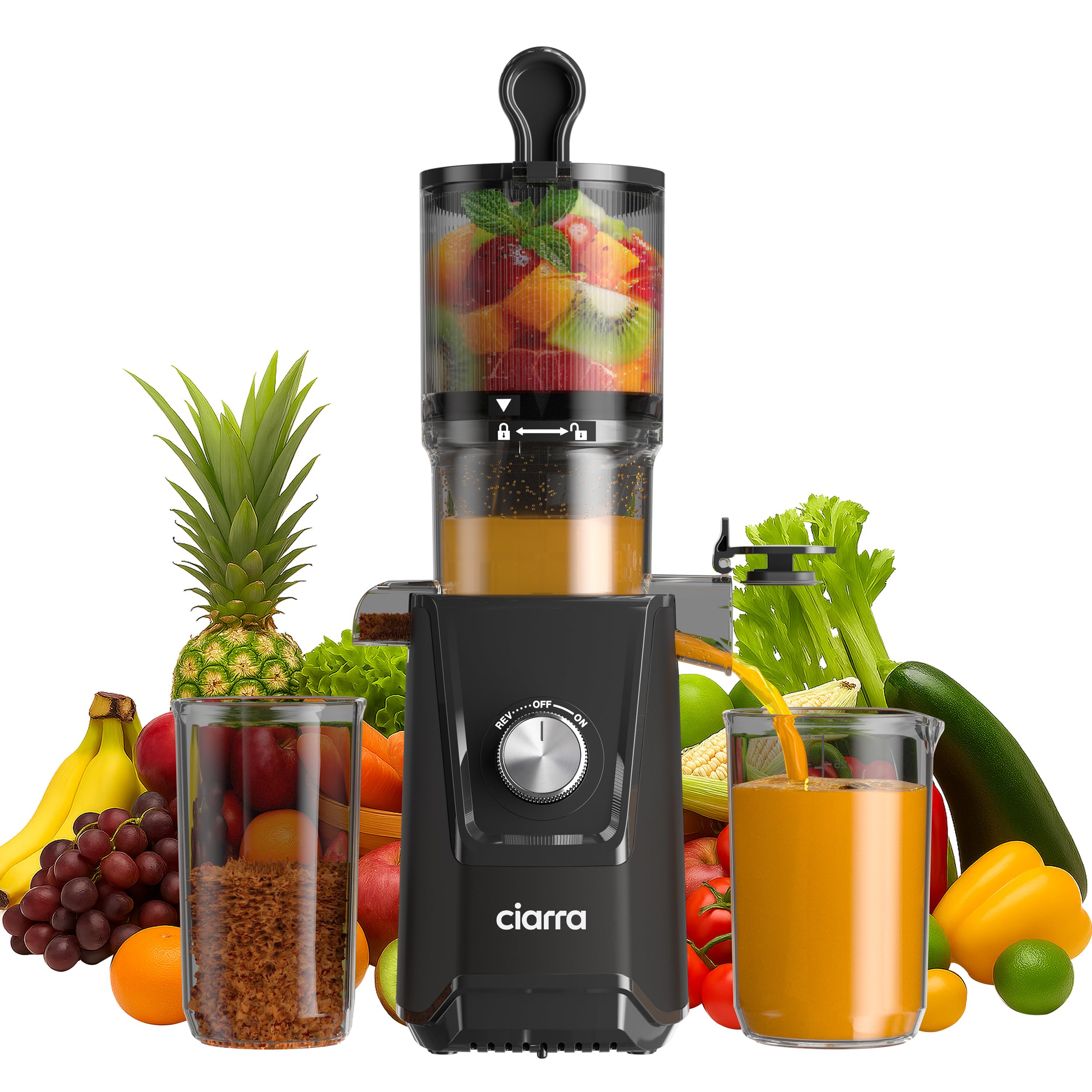 Ciarra AWSJ046-B Extracteur de Jus Fruits Légumes, Slow Juicer 1.2L Sans BPA, 108 mm, Noir