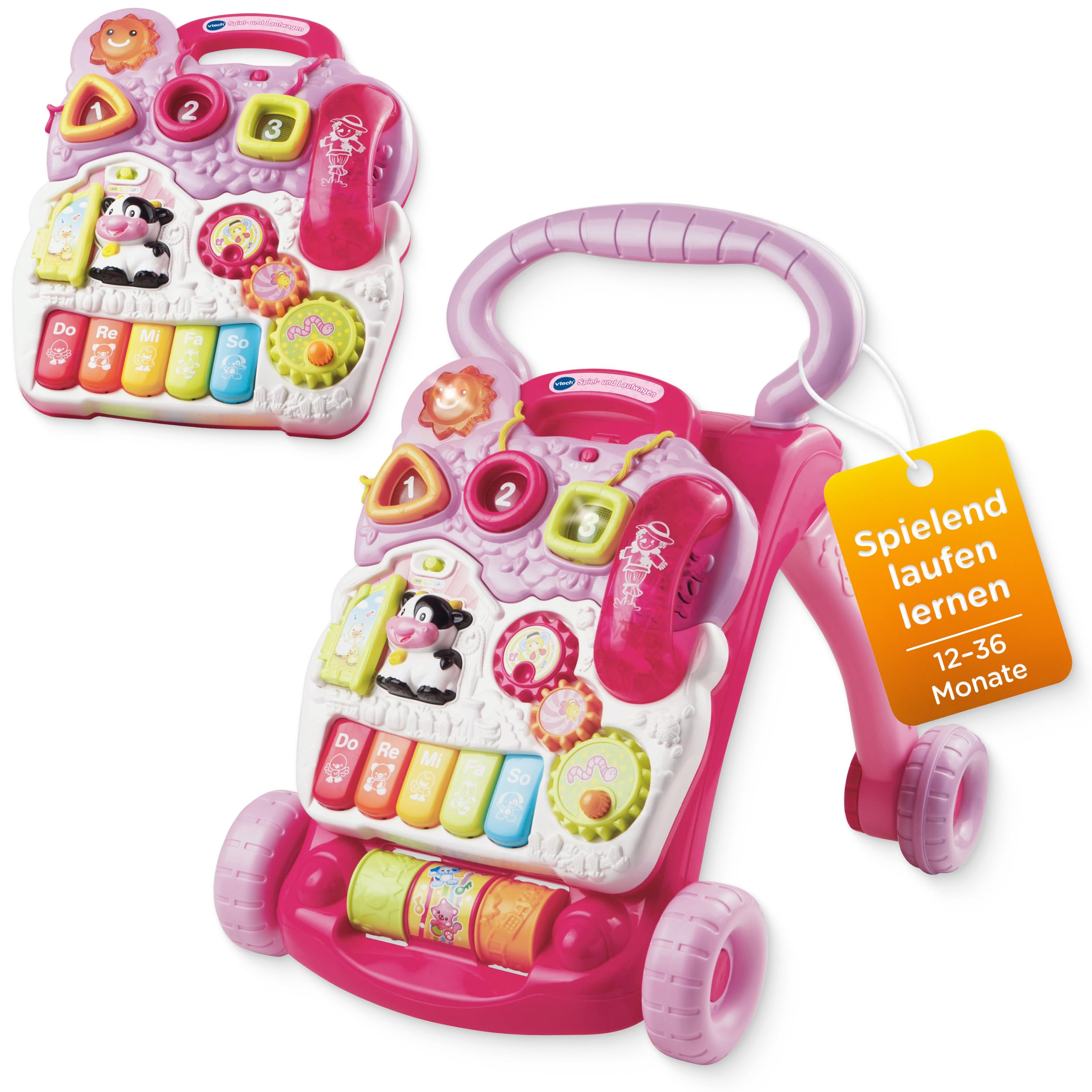 Vtech Spiel- und Laufwagen I Interaktive Laufhilfe mit Licht Musik & abnehmbarem Spielboard I Lerncenter mit Klaviertasten & Formen I Bremse & Lautstärke regelbar I Kinder 12–36 Monate