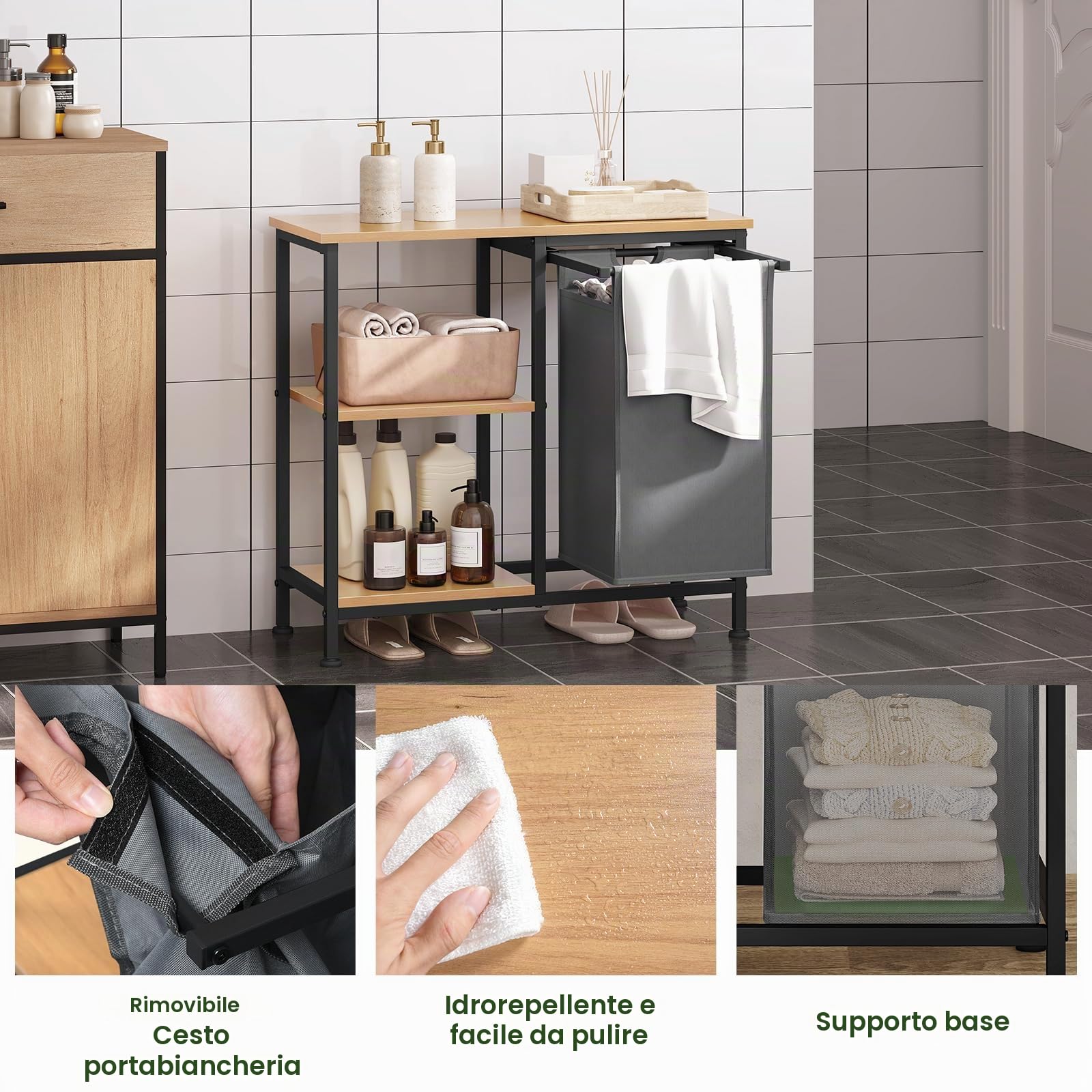 EUGAD Mobile Bagno con Portabiancheria, Sacco per Bucato Rimovibile, Mobile Lavanderia a 4 Livelli, Cesto per Il Bucato in Tessuto Oxford da 31 L, 70x30x65 cm