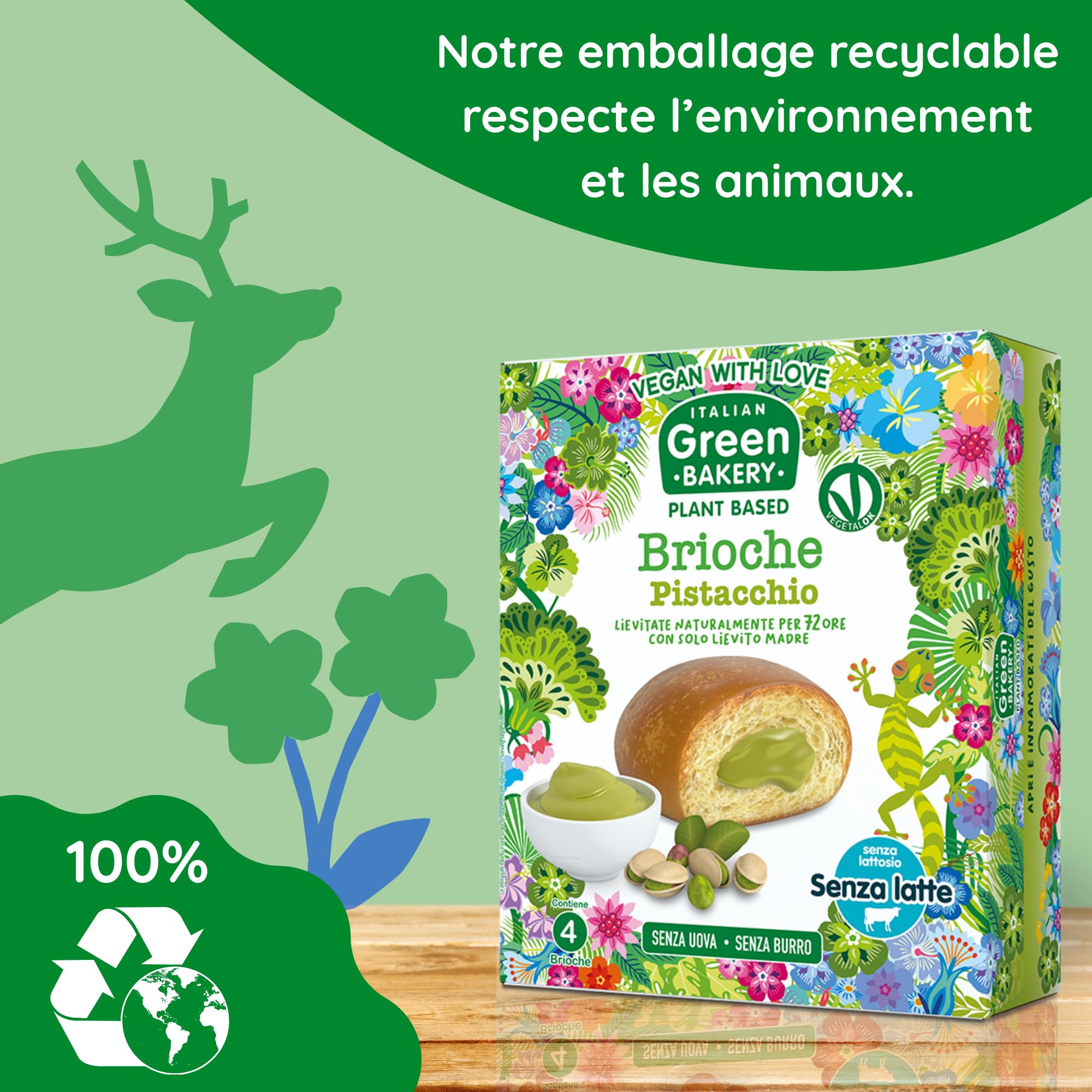 Brioches véganes garnies à la Crème de Pistache, Sans Lait ni Œufs, En-cas artisanaux Plant Based au Levain, 45 g x 24 pcs (6 Paquets) - Vegan With Love Italian Green Bakery