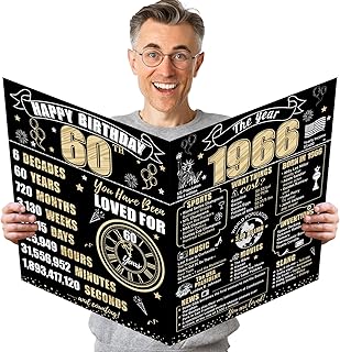Large 60th Birthday Card With Envelope for Men Women, 1965 Black Gold Happy 60th Birthday Giant Guest Signature Book Gifts, Big Vintage 1965 60th Greeting Card Decoration Party Supplies