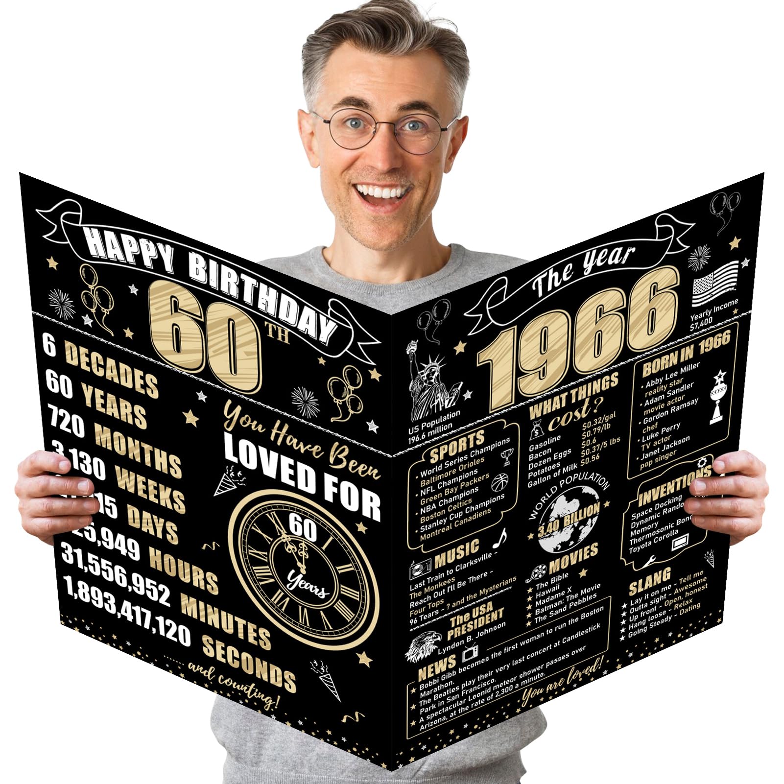 Large 60th Birthday Card With Envelope for Men Women, 1966 Black Gold Happy 60th Birthday Giant Guest Signature Book Gifts, Big Vintage 1966 60 Greeting Card Decoration Party Supplies