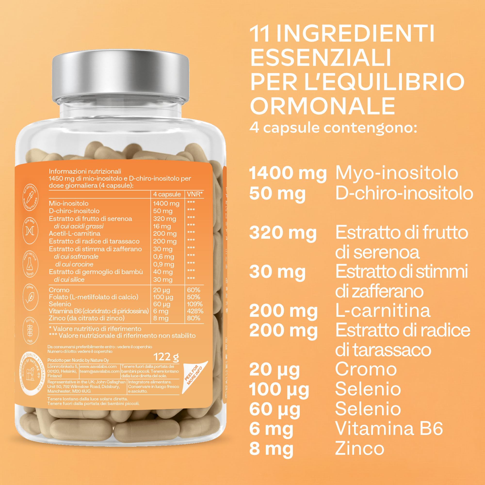 Myo Inositolo e D-Chiro Inositolo Integratore 1450mg | Equilibrio Ormonale e Supporto Metabolico Femminile con Tarassaco Zafferano Acido Folico Cromo Zinco Selenio Vitamina B6-180 Capsule Vegane