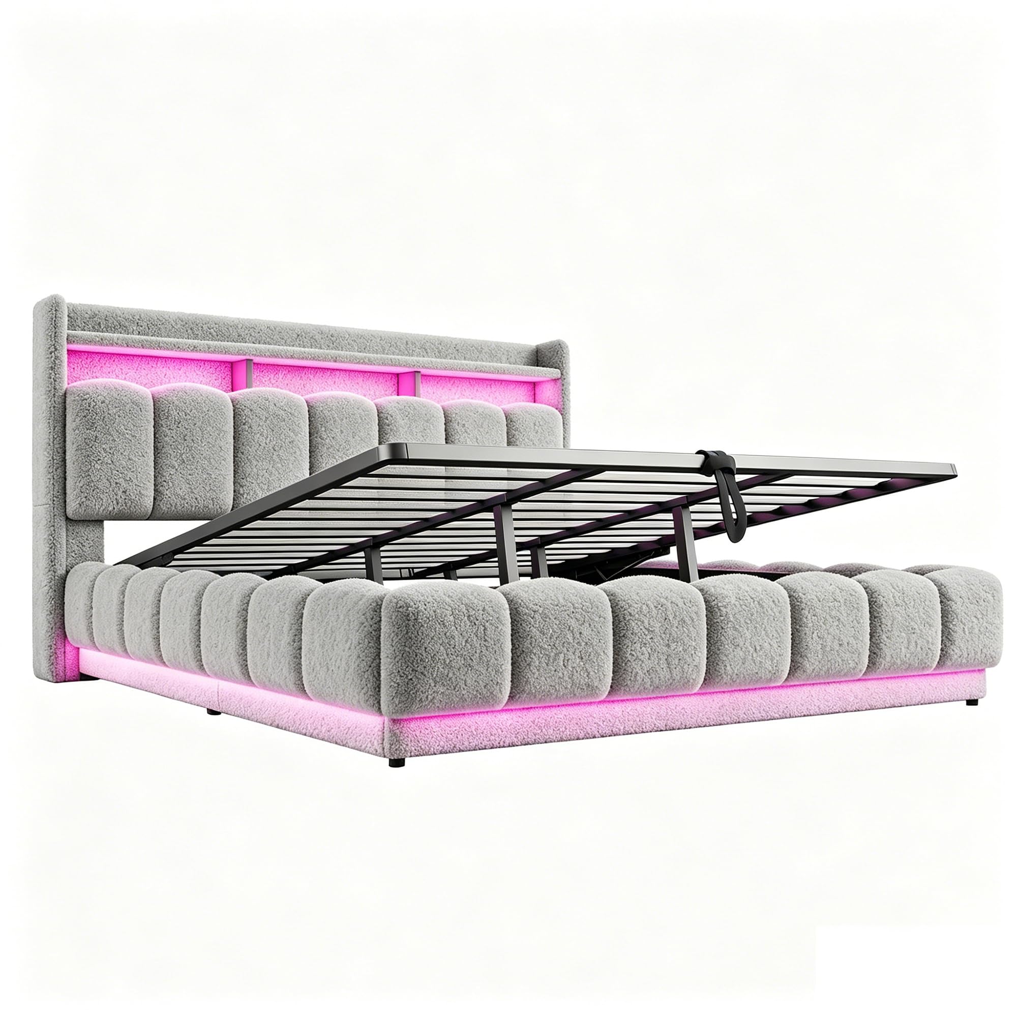 Cama Canapé 180x200 con Cabecero Acolchado Cama Tapizada con Almacenamiento Integrado Estructura Matrimonial con Elevación Hidráulica con Somier de Lamas con Tapizado Bouclé Apartamento Gris