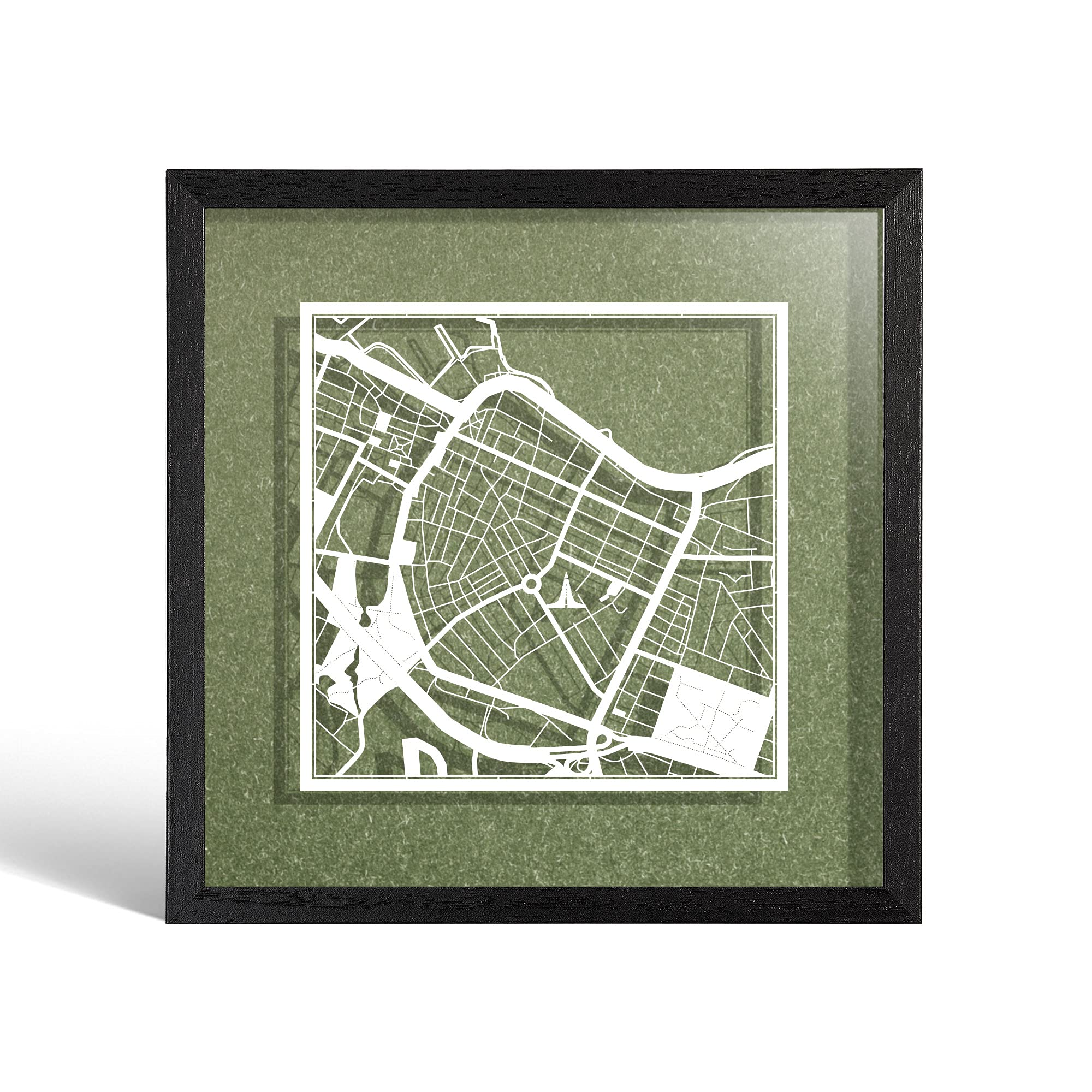 O3 DESIGN STUDIO Reykjavik Paper Cut Map framed, White map, Black frame, 23x23 cm, Gift Boxed, 4 background color, self-changing, Paper Art