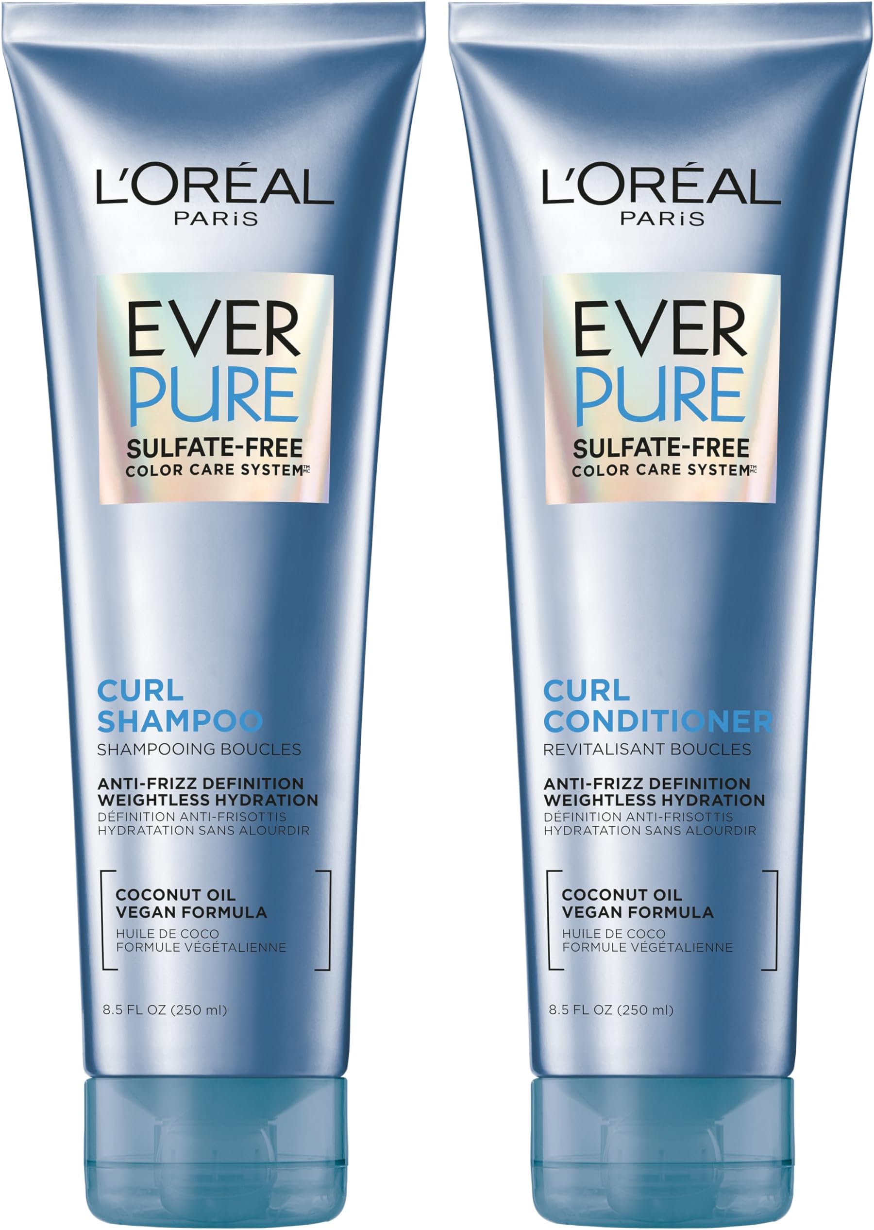 L'Oreal Paris Sulfate Free Shampoo and Conditioner for Curly Hair, Lightweight, Anti-Frizz Hair Care with Coconut Oil, EverPure, 8.5 Fl Oz, Set of 2 (Packaging May Vary)