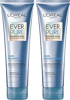 L'Oreal Paris Sulfate Free Shampoo and Conditioner for Curly Hair, Lightweight, Anti-Frizz Hair Care with Coconut Oil, EverPure, 8.5 Fl Oz, Set of 2 (Packaging May Vary)