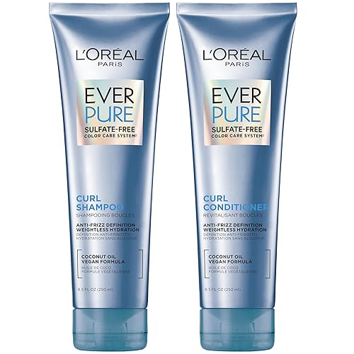 L'Oreal Paris Sulfate Free Shampoo and Conditioner for Curly Hair, Lightweight, Anti-Frizz Hair Care with Coconut Oil, EverPure, 8.5 Fl Oz, Set of 2