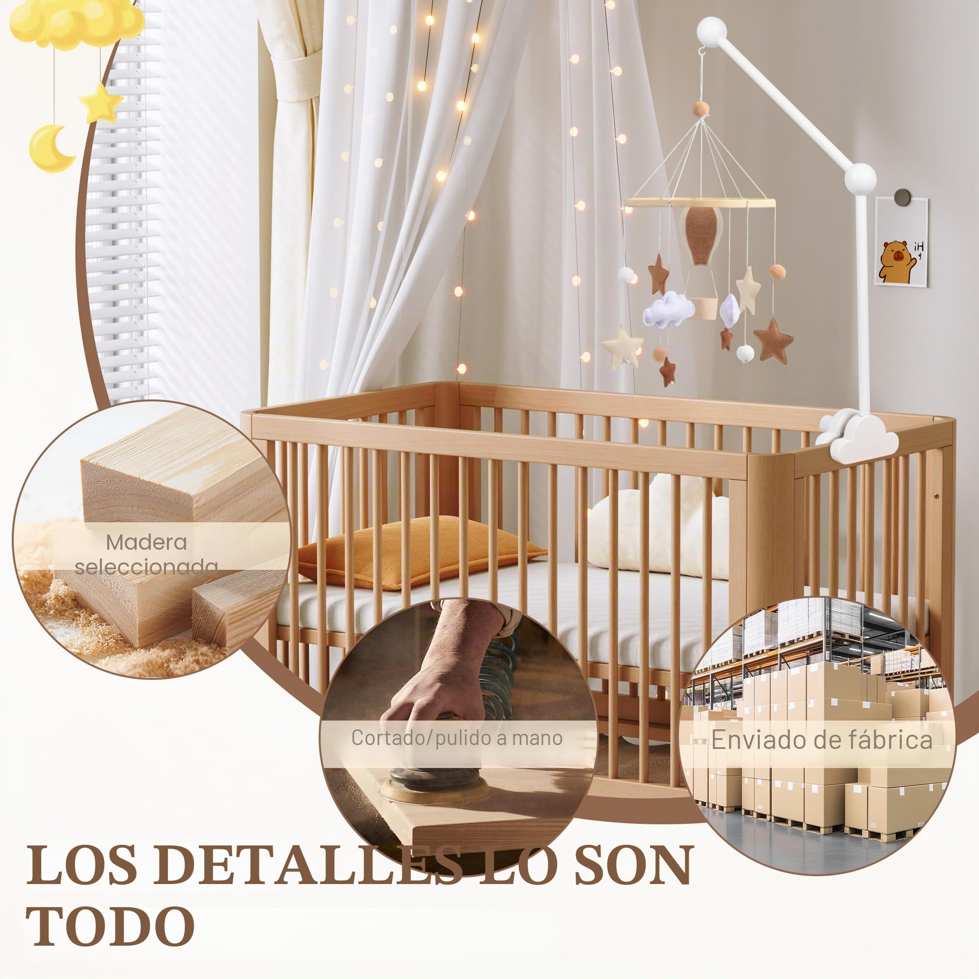 Soporte Móvil para Bebé, Soporte de Móvil Extraíble, Soporte de Madera para Cuna con Forma de Nube, Brazo Móvil de Cuna para Juguetes, Campanas de Viento y Decoración de Habitación, Blanco