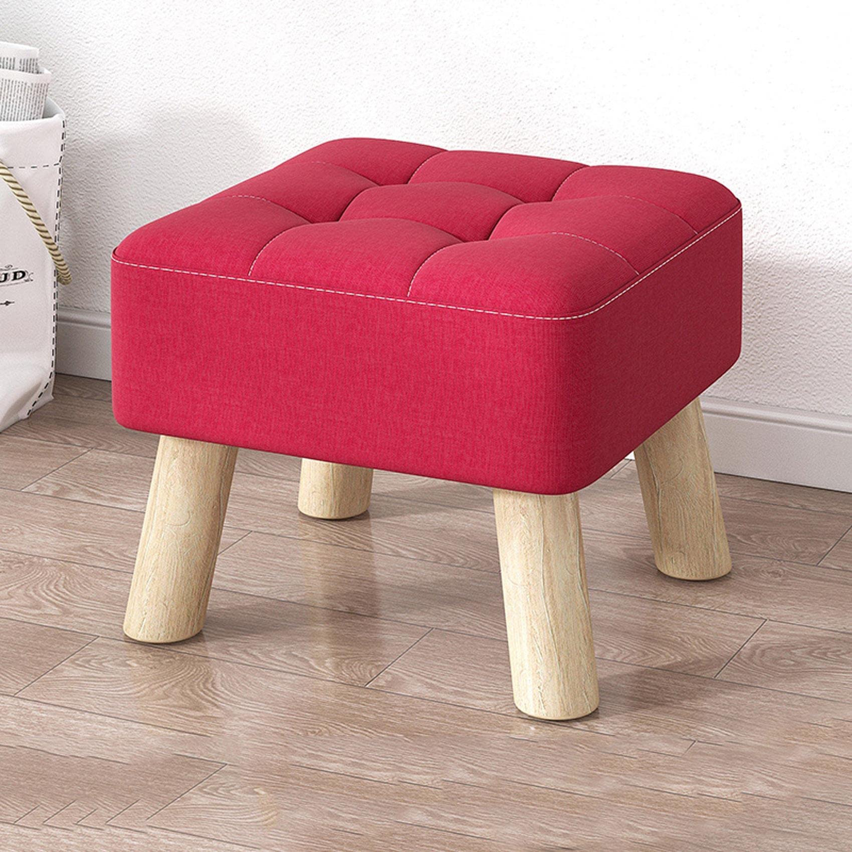 Linen Footstool with Wood Legs for Living Room and Bedroom Red 30x30x26cm