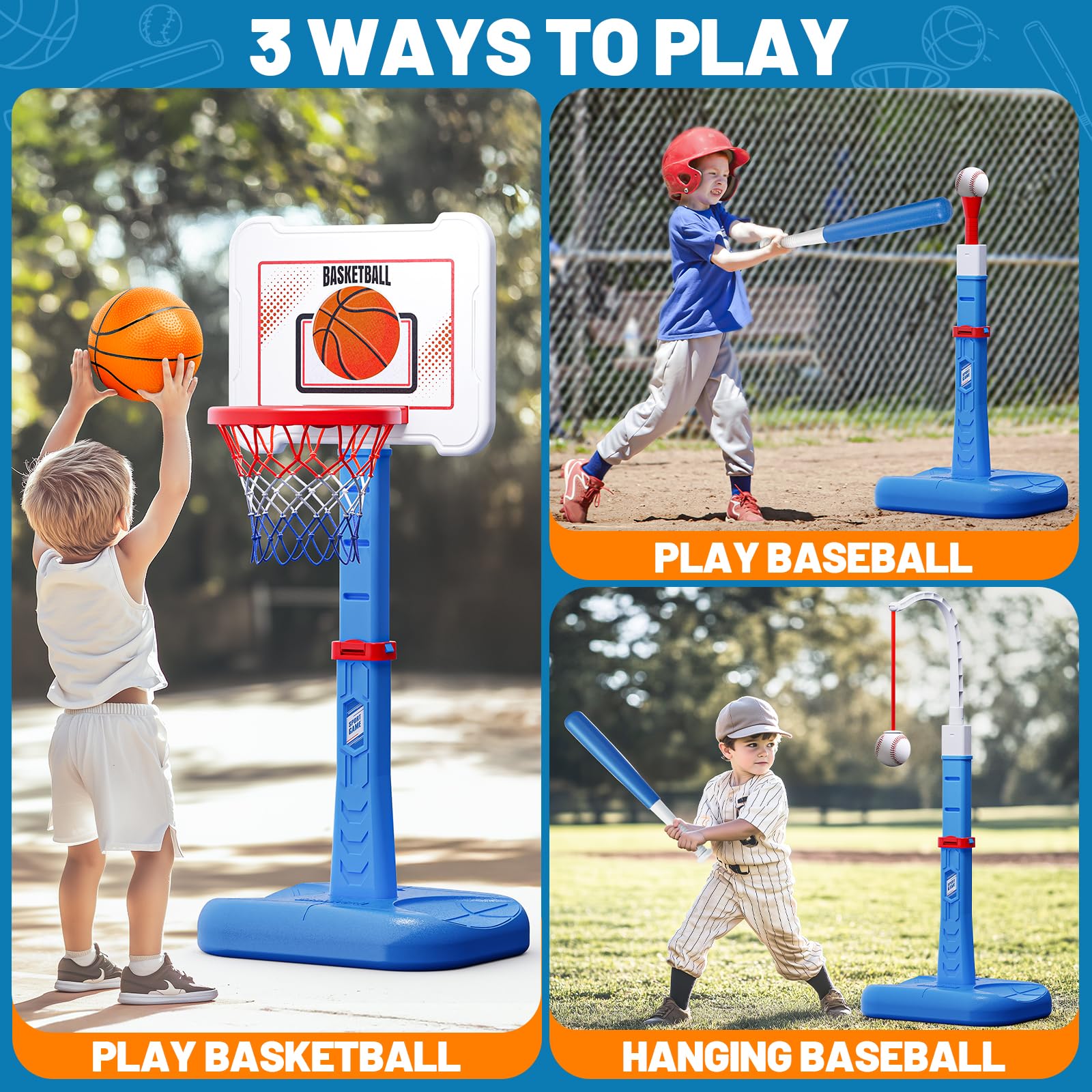 3 in 1 Kids Basketball Hoop and T Ball Set, Adjustable Height Toddler Basketball Hoop, Hanging Tee Baseball, Indoor Outdoor Sports Toys Gifts for Toddlers Boys Girls Ages 3 4 5 Year?Blue