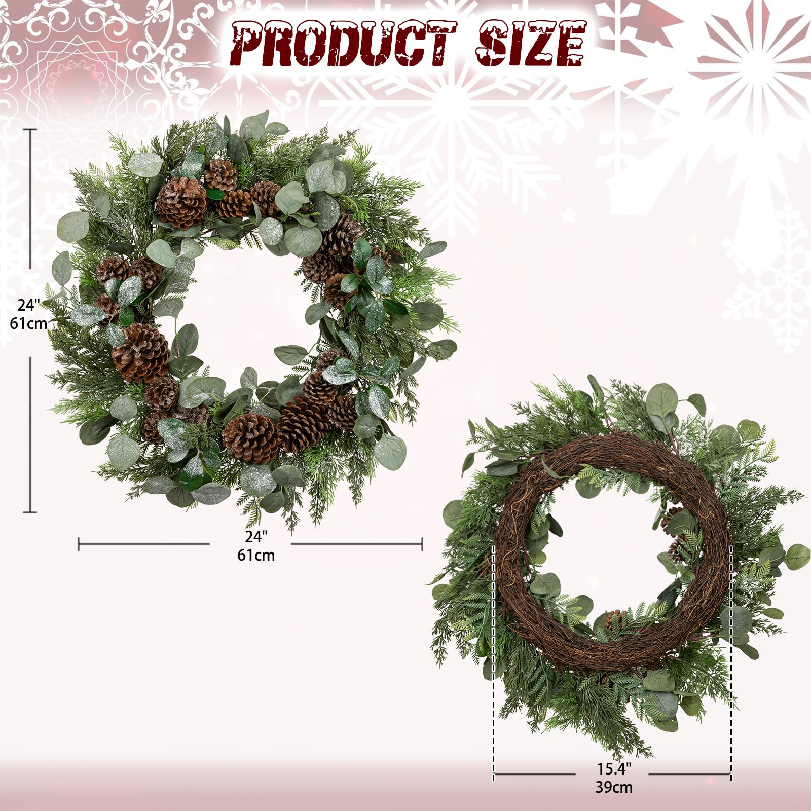 Oairse Corona de Navidad artificial de 24 pulgadas, corona grande para puerta delantera con hojas verdes de eucalipto brillante, ramas de pino, conos de pino para el hogar, habitación, chimenea, pared