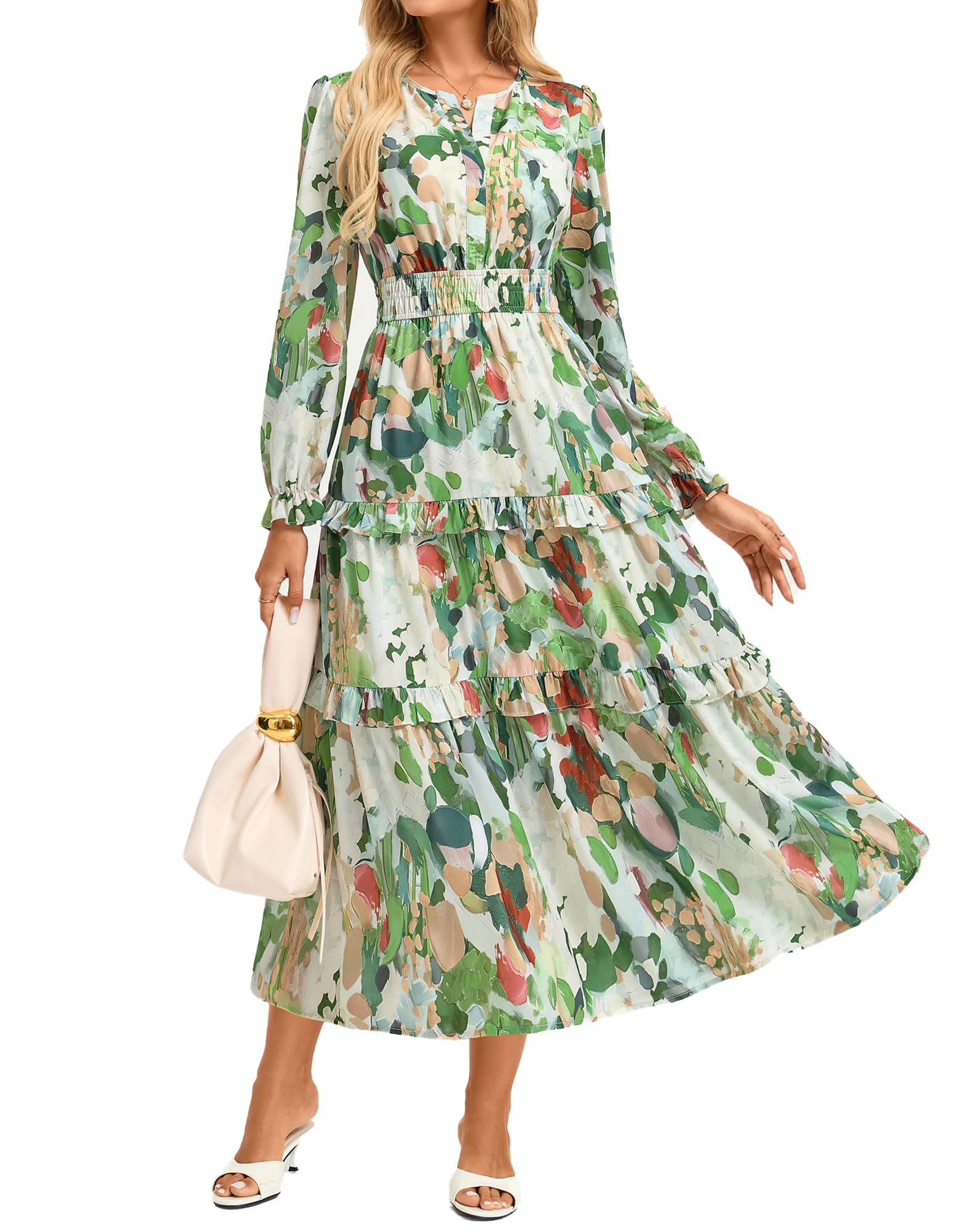 GRACE KARIN Kleid Hochzeitsgast Damen Chiffon A-Linie Blumen Kleid Damen | Mit Tasches|Maxi|A-Linie|Langarm|Henley V-Ausschnitt|Herbstkleid|Gefüttert|Leichtes