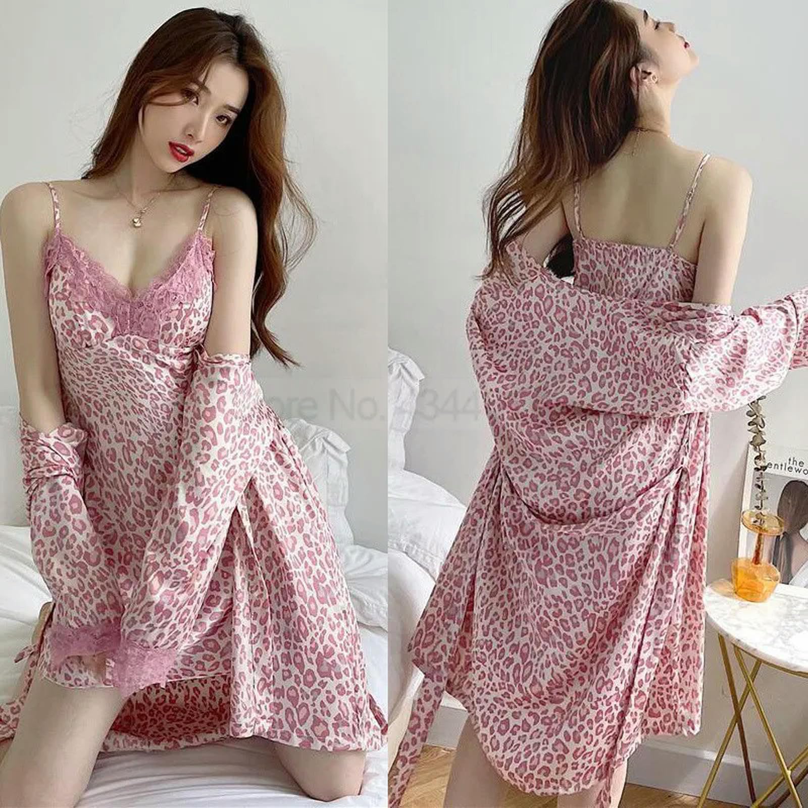 Camicia da Notte Donna Abito da Bagno in Pizzo Satinato da Donna Notturna 2 Pezzi di Veste Leoparda Set da Camicino da Camicia da Camicia E Abito da Un Accappatoio