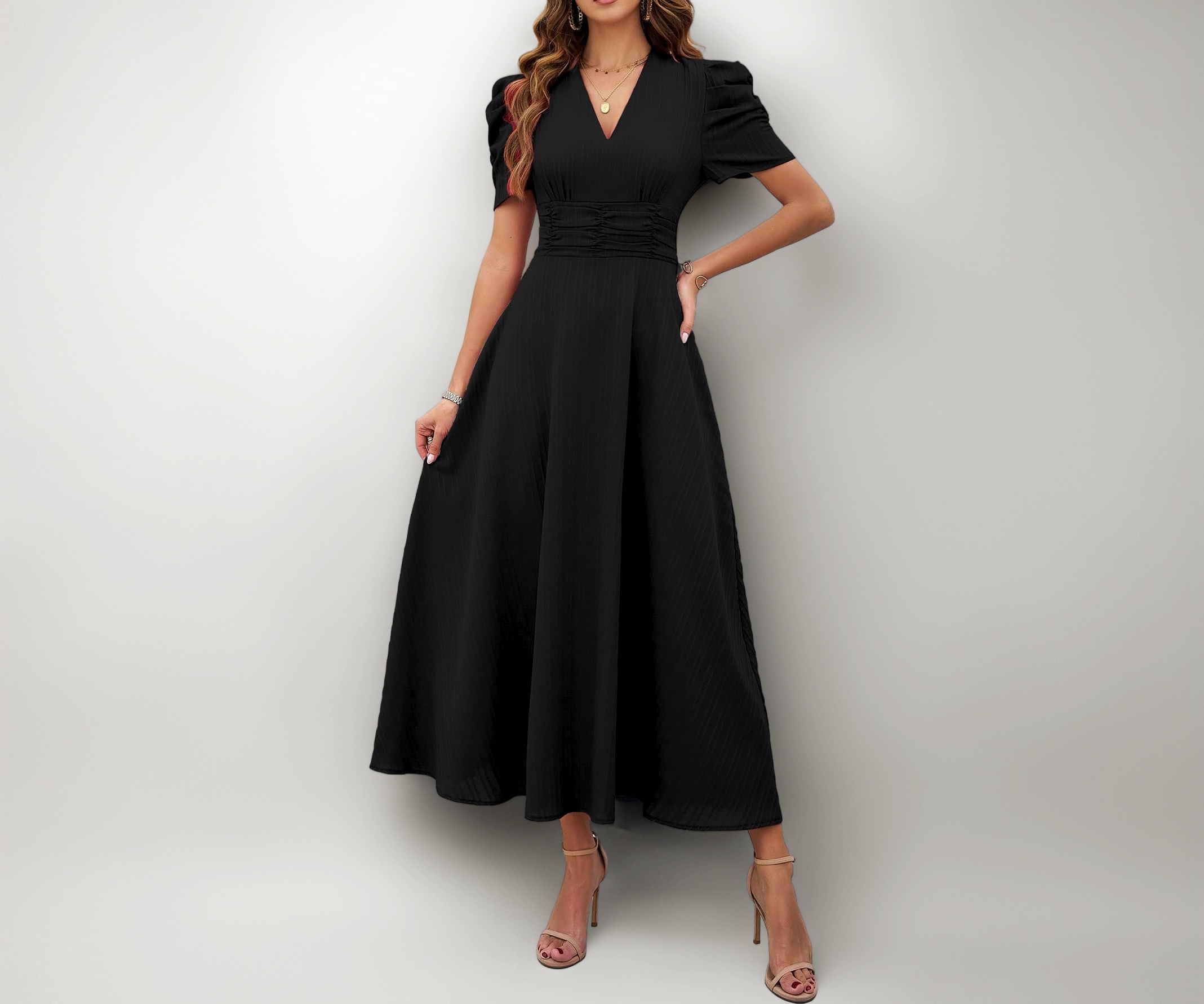 Buy Shasmi Girl's & Women's Black Solid Color V-Neck A-Line Maxi Dress for Women | New Year Party Outfit | Waist Cinched Puff Sleeve Western Dress