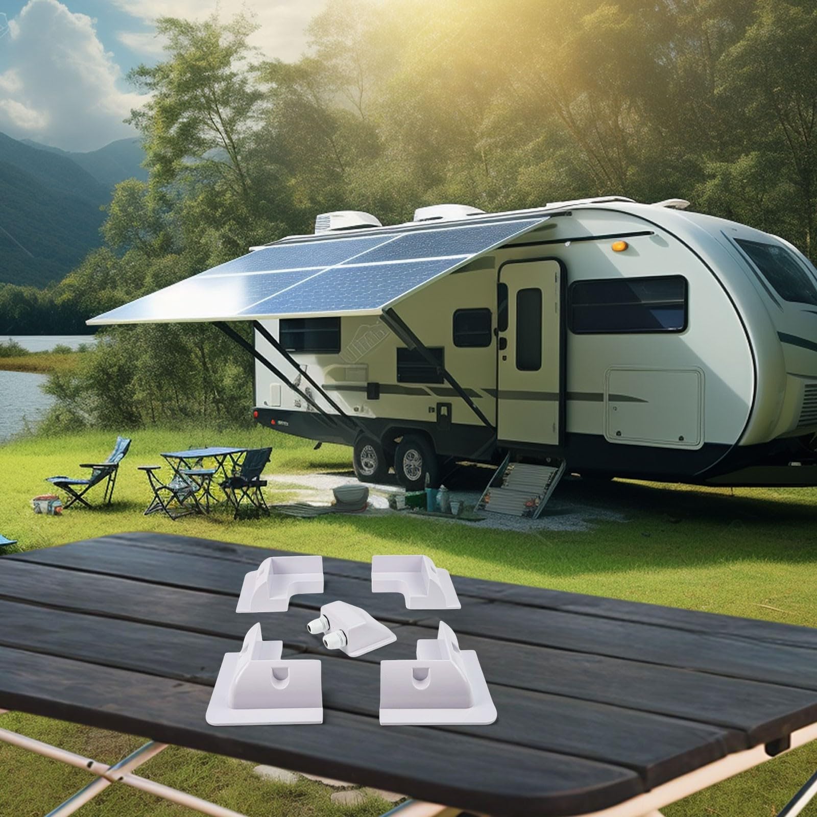 Kit di 5 staffe di montaggio per pannelli solari per camper, barche, camper e roulotte - installazione senza trapano con plastica ABS resistente ai raggi UV, include 4 staffe angolari e (bianco)