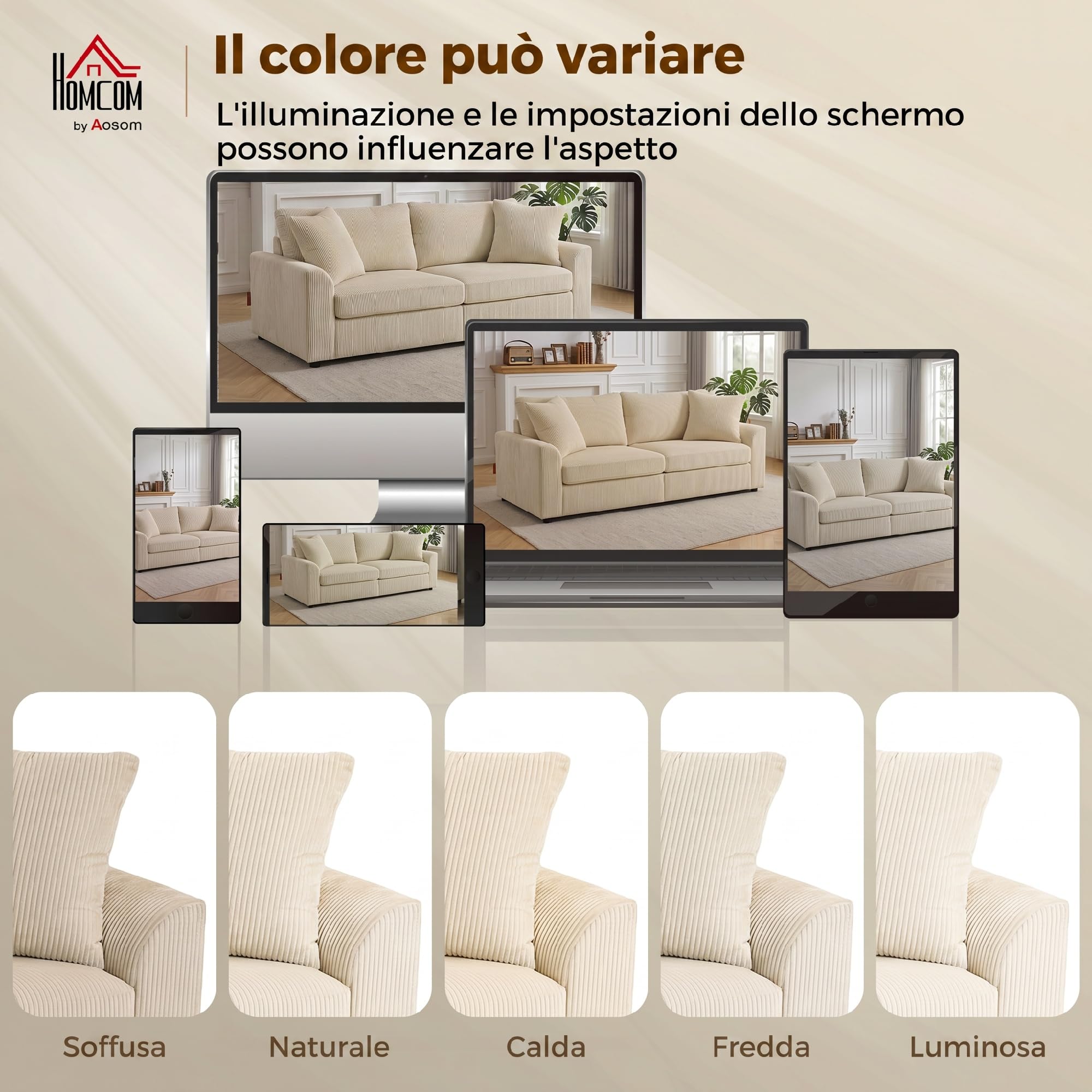 HOMCOM Divano 3 Posti con 2 Cuscini e Braccioli 212x80x88 cm Bianco Crema | in Velluto a Coste, Divanetto Moderno, Struttura in Acciaio, Imbottitura Morbido, Sofà per Casa Soggiorno Salotto