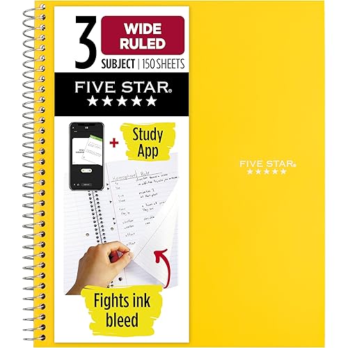 Five Star Spiral Notebook + Study App, 3 Subject, Wide Ruled Paper, 8" x 10-1/2", 150 Sheets, Fights Ink Bleed, Water Resistant Cover, Harvest Yellow (73463)