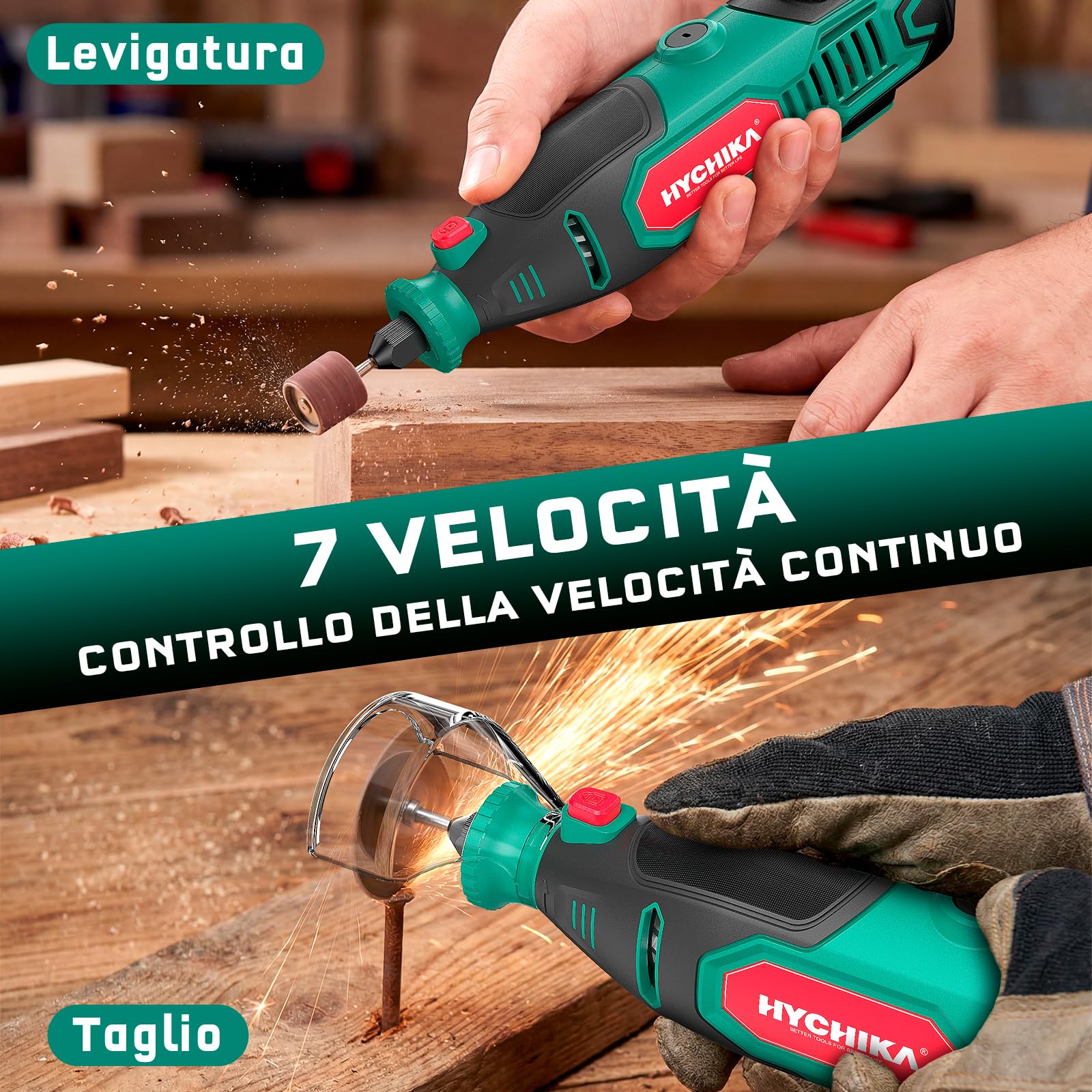 HYCHIKA Utensile Rotante 150W con affilacatene, 7 vel 10.000-33.000 giri/min. 167 accessori per levigatura, lucidatura, taglio, foratura e incisione