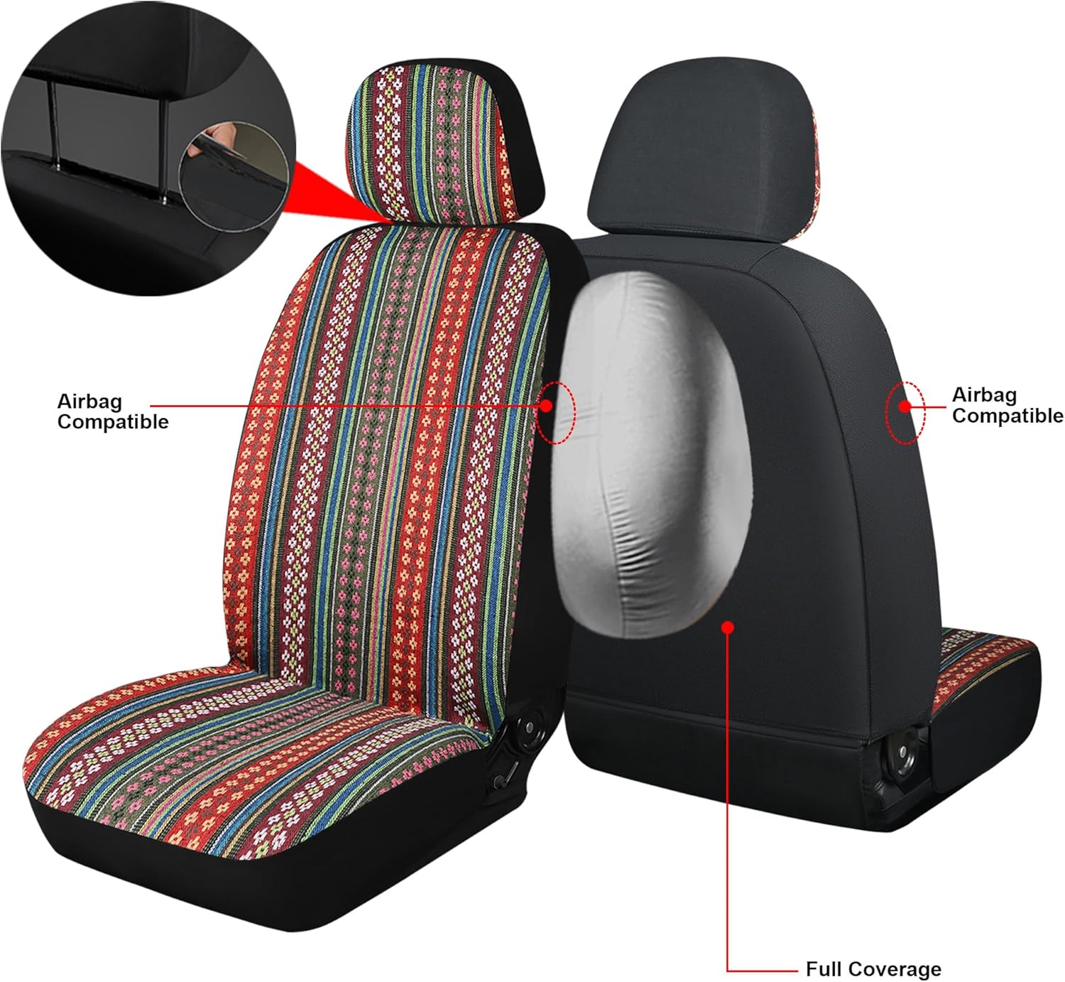 Baja Saddle Blanket Car Seat Covers, Boho Striped Woven Front Seat Protectors, Breathable & Washable Interior Covers, Universal Fit for Most Cars SUVs Trucks, Airbag Compatible, Flower, 8 pcs.