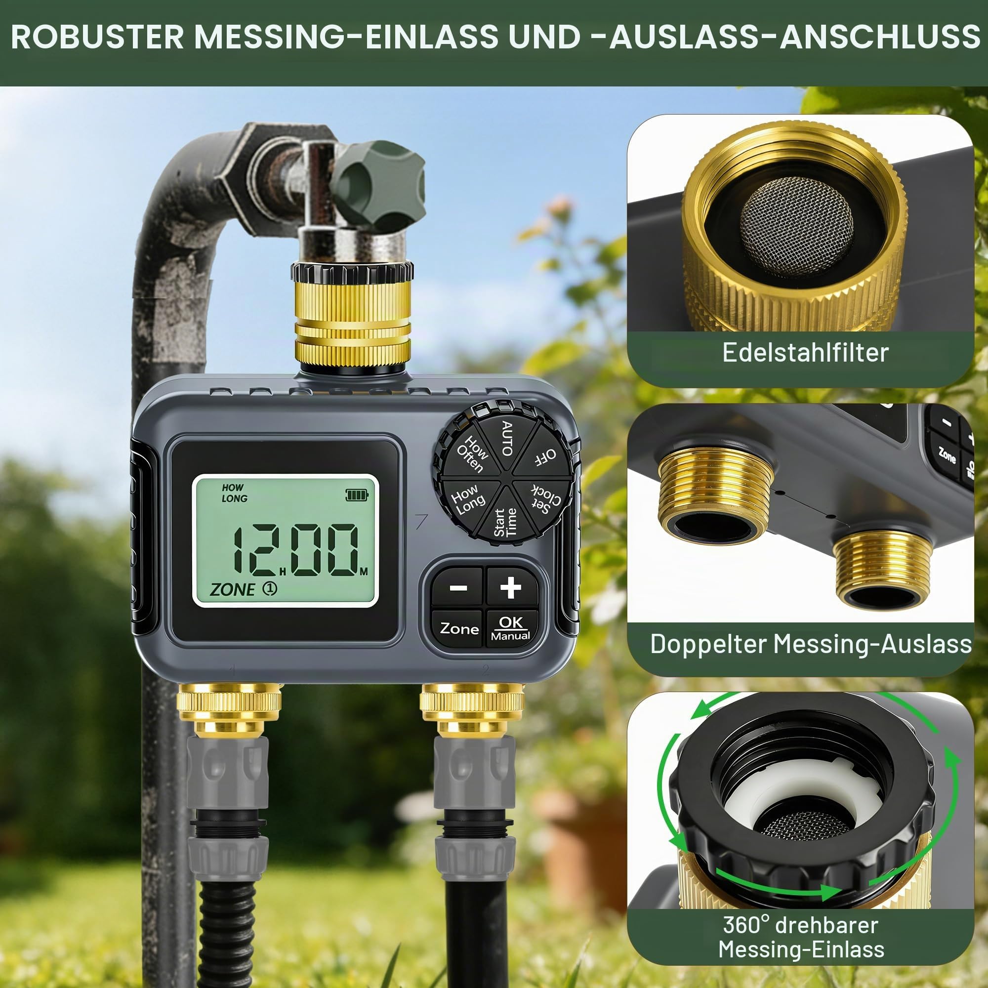 IPX5 Bewässerungscomputer 2 Ausgänge,Messing-Einlass und -Auslass,Automatische Bewässerung Wasser Zeitschaltuhr mit Regenverzögertem Manuellem Wasserhahn-Zeitschaltuhr für Garten Rasen