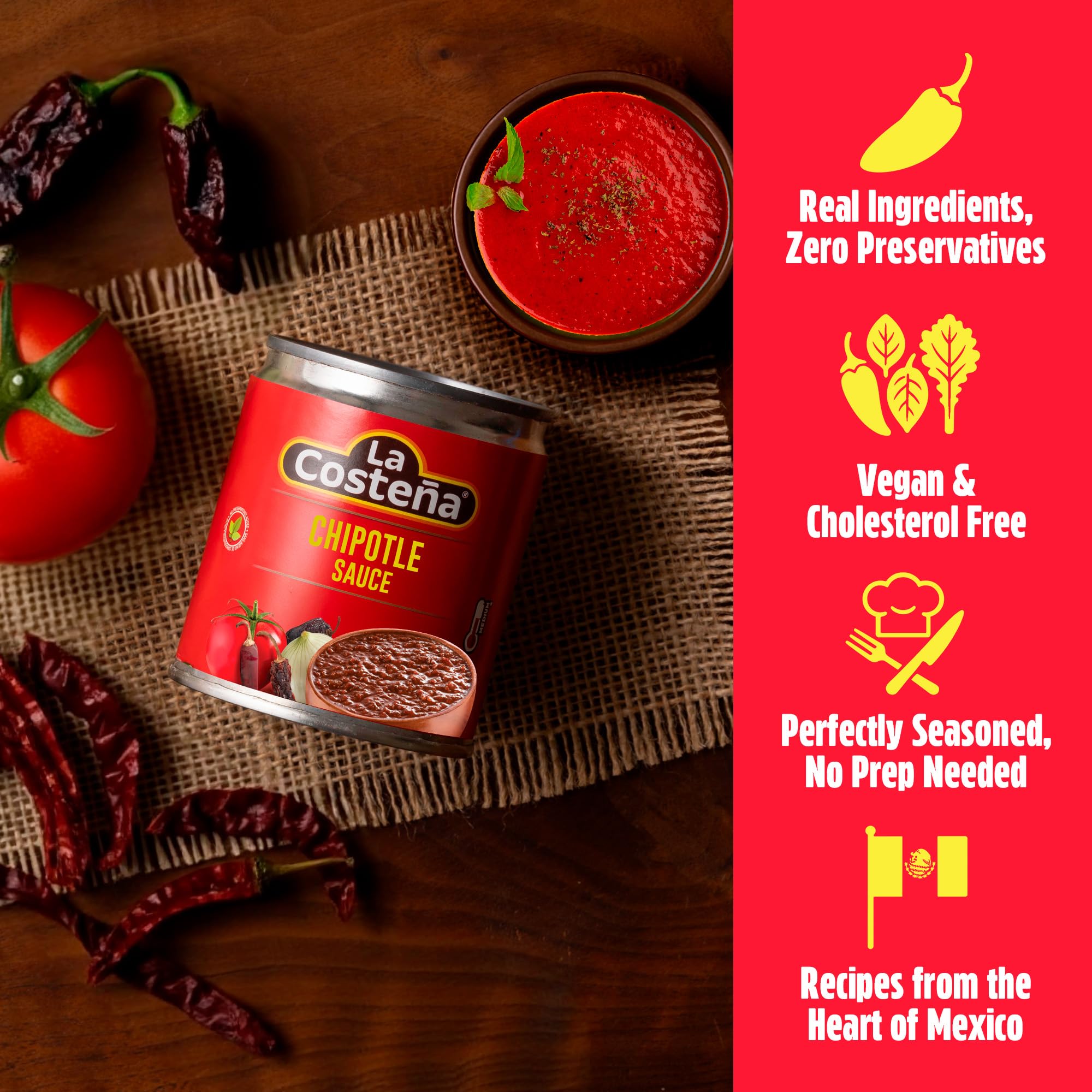 La Costeña Chipotle Salsa - Spicy Salsa Made with Chipotle Peppers for Mexican Food, Enchilada Sauce, Adobo Sauce, Fajita Seasoning, Aioli, Birria & Street Taco Seasoning - 7.76oz, 24 Pack Cans
