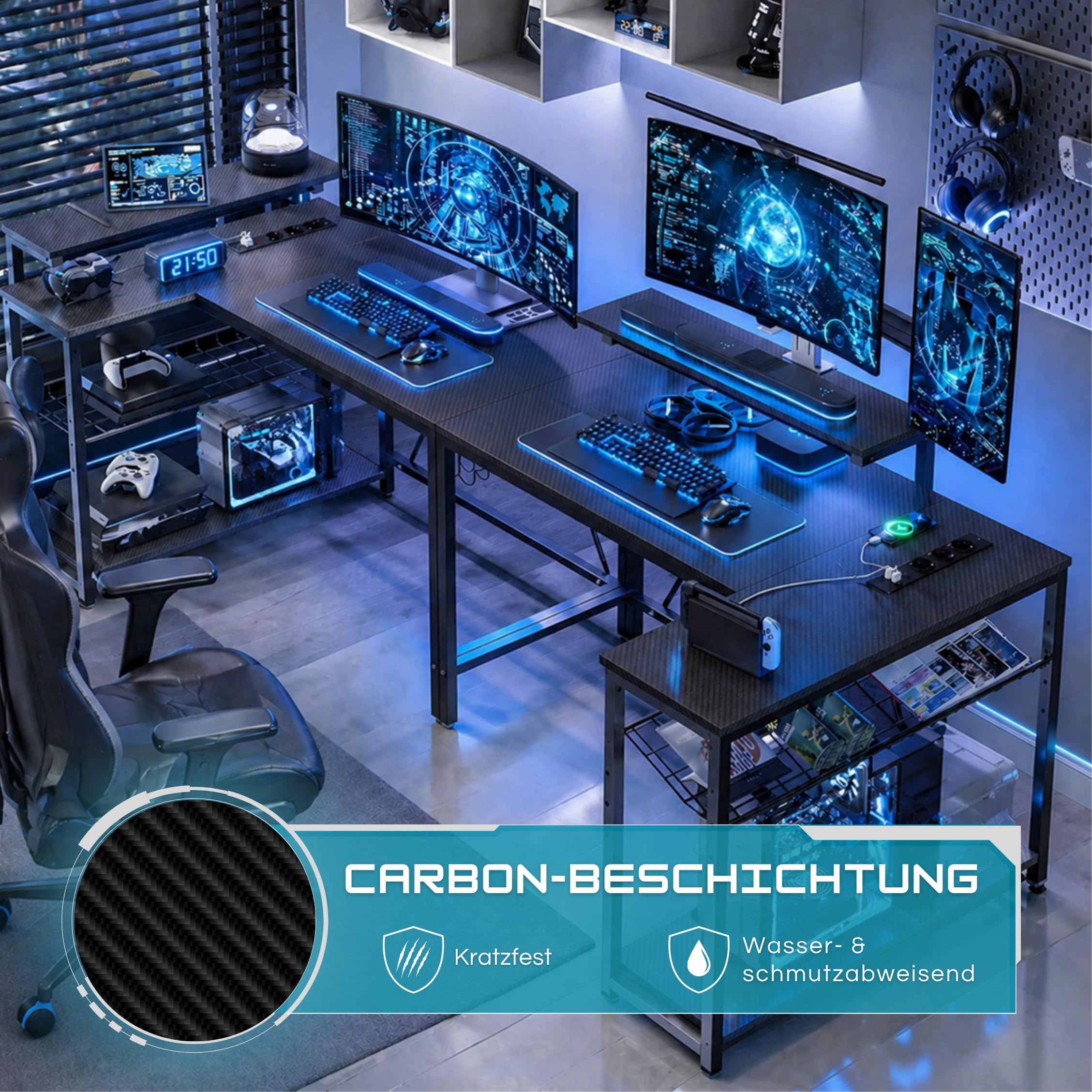 Five Stars® L-förmiger Gaming Schreibtisch - Computertisch - 107x80x76 cm - Gaming-Schreibtisch mit LED-Beleuchtung - Eckschreibtisch - Schwarz Carbon