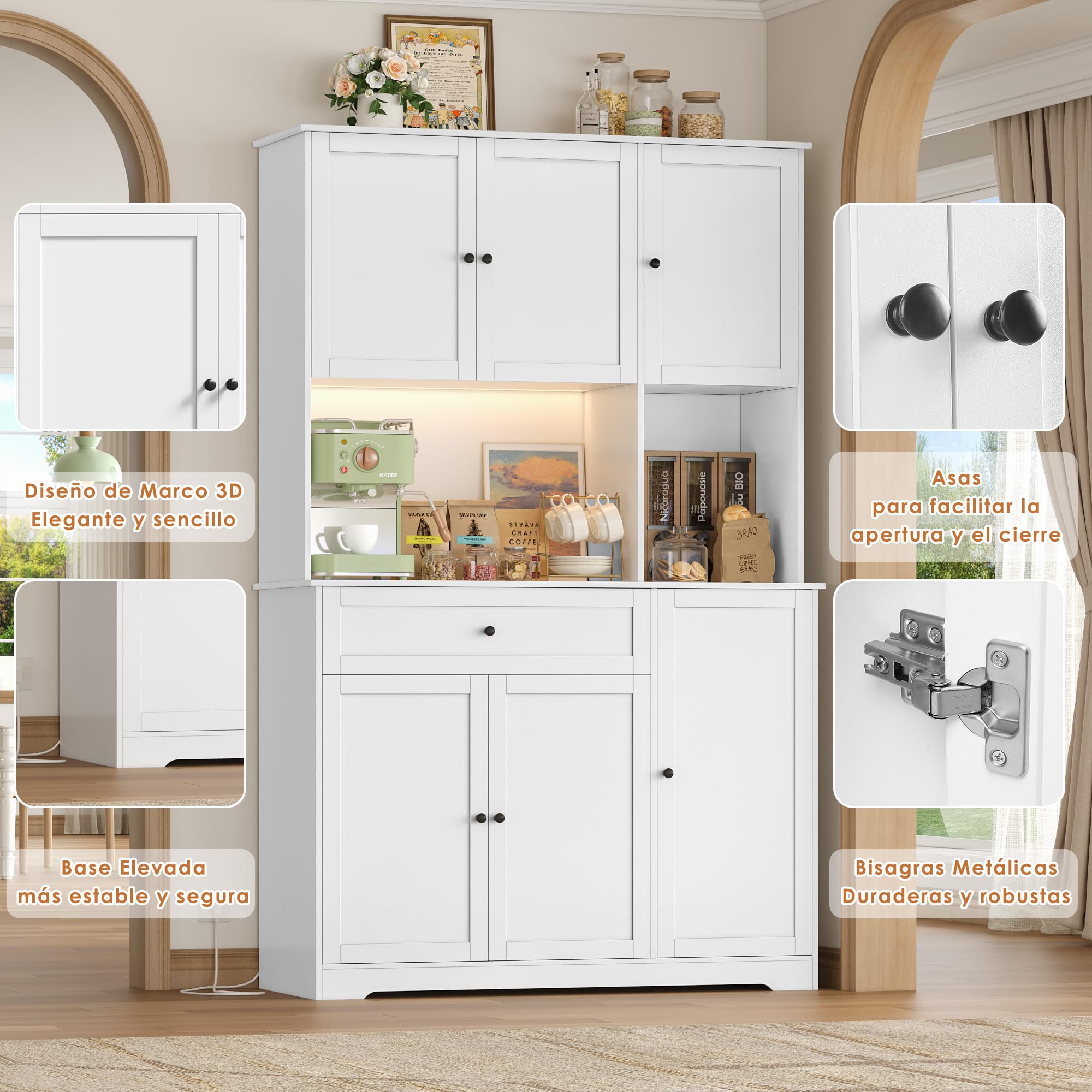 FirFurd Alacena Cocina Grande, Armario Cocina Almacenaje, Mueble de Cocinas | Armario Despensa Cocinas con Iluminacion LED, Regleta, Encimera, Botellero 12 Botellas, 1 Cajón 100x39x180cm Blanco