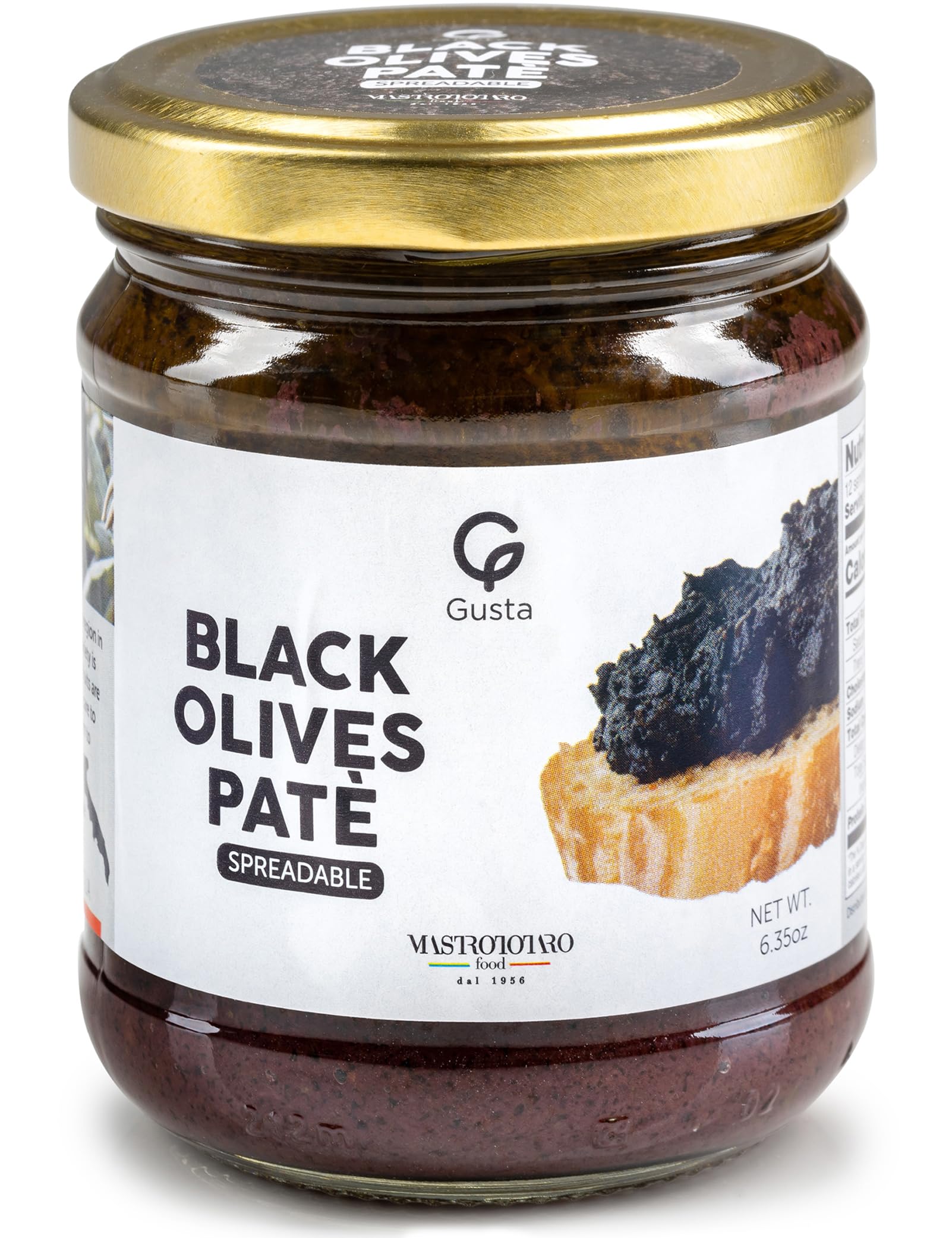Gusta Black Olives Spreadable Pate - Made in Italy Dip or Spread - Perfect Olive Tapenade Spread - Paste of Black Olives in Jar with Extra Virgin Olive Oil - Non-GMO, All Natural - 6.35oz Glass Jar