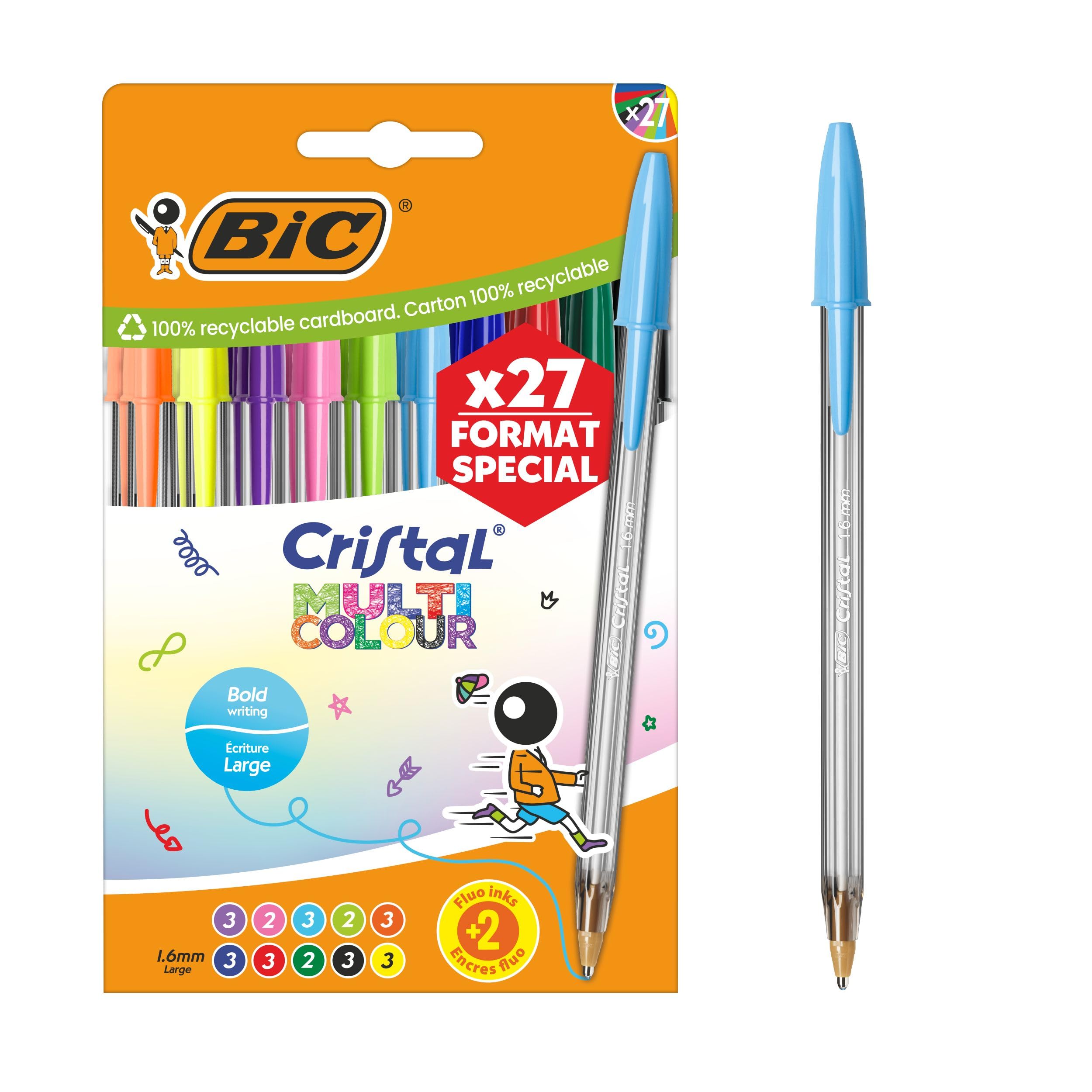 BIC Cristal Multicolour Bolígrafos Punta Ancha (1.6 mm) – Colores Surtidos, Bolsa de 20+7 Unidades, ideal para dibujos y anotaciones, Multicolor