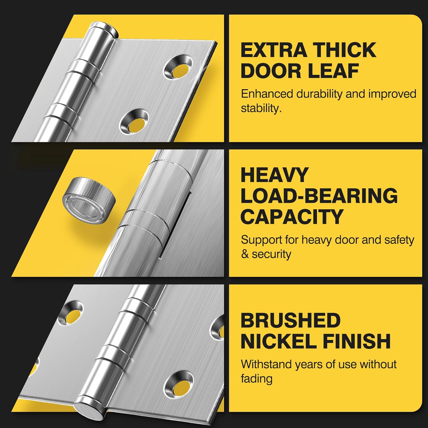 KOLET Ball Bearing Door Hinges, 4 x 4 Inches Square Door Hinges Brushed Nickel, Square Corner, Stainless Steel Hinges, Heavy Duty, Smooth and Non Removable Pin, 6 Pack