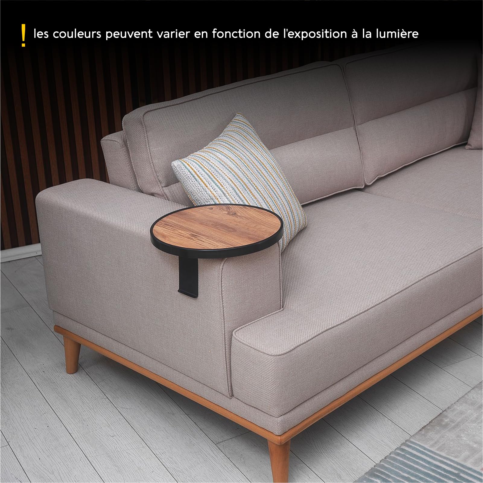 Canapé avec plateau réglable, design spécial résistant aux chocs, porte- gobelet, accoudoir, plateau de siège, diamètre 34 cm, aspect bois, confortable