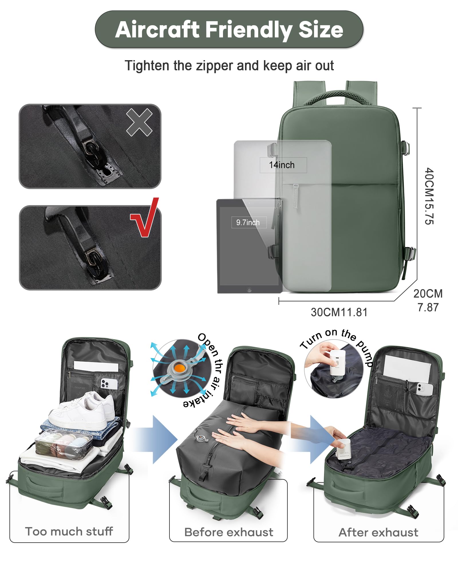 SZLX Zaino A Vuoto Bagaglio A Mano Donna, Zaino Airbag Con Sistema Di Vuoto Per Viaggi, Ryanair Viaggio Ruscksack Dimensione Cabina Con Pompa Impermeabile Uomo Valigia A Vuoto